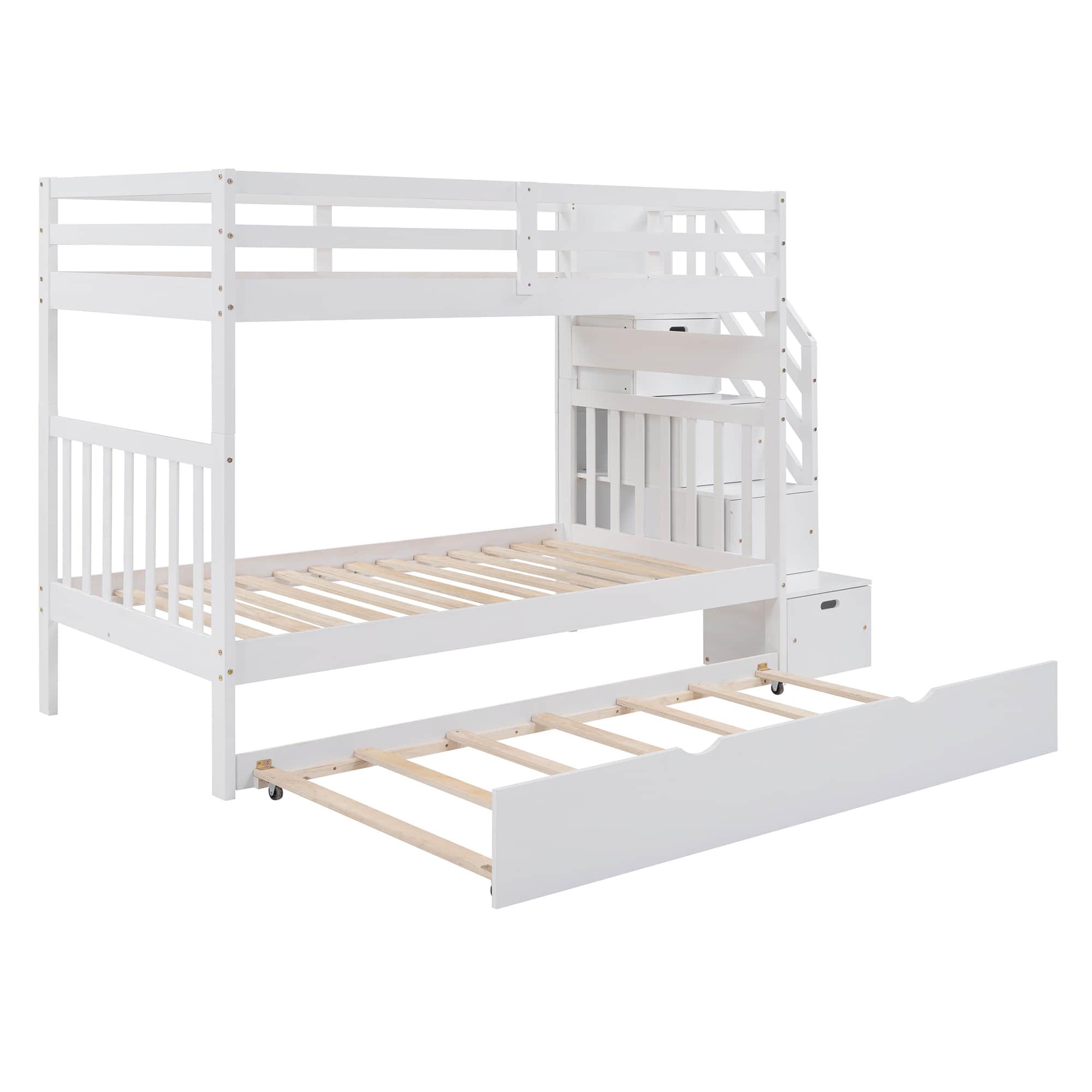 Wood Twin Over Twin / Full Bunk Bed with Trundle and Storage - [Shelves, Drawers, Stairs]