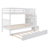 Wood Twin Over Twin / Full Bunk Bed with Trundle and Storage - [Shelves, Drawers, Stairs]