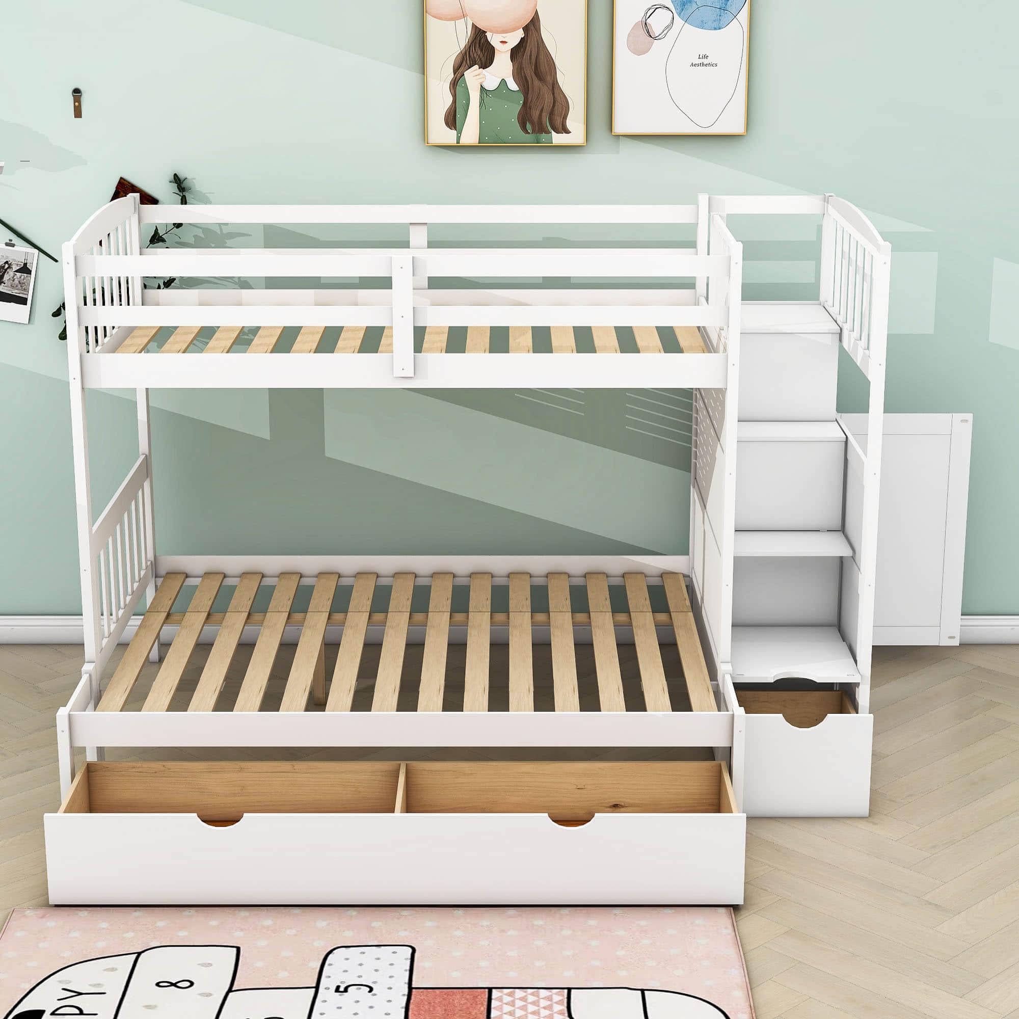 Twin Over Twin/Full Convertible Bunk Beds with Stairs and Storage - [Drawers, Shelves, Cabinet]