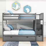 Twin Over Twin/Full Convertible Bunk Beds with Stairs and Storage - [Drawers, Shelves, Cabinet]