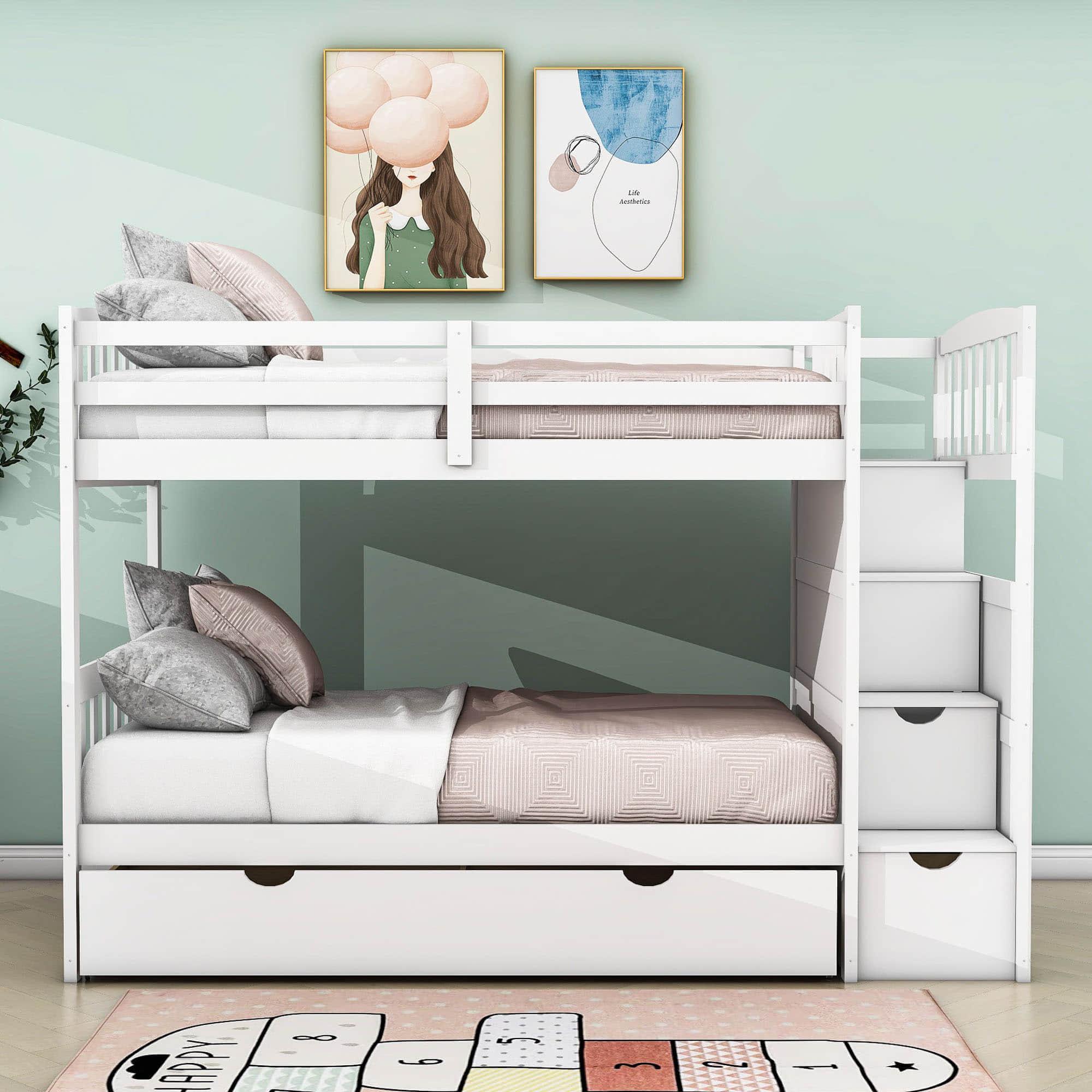 Twin Over Twin/Full Convertible Bunk Beds with Stairs and Storage - [Drawers, Shelves, Cabinet]