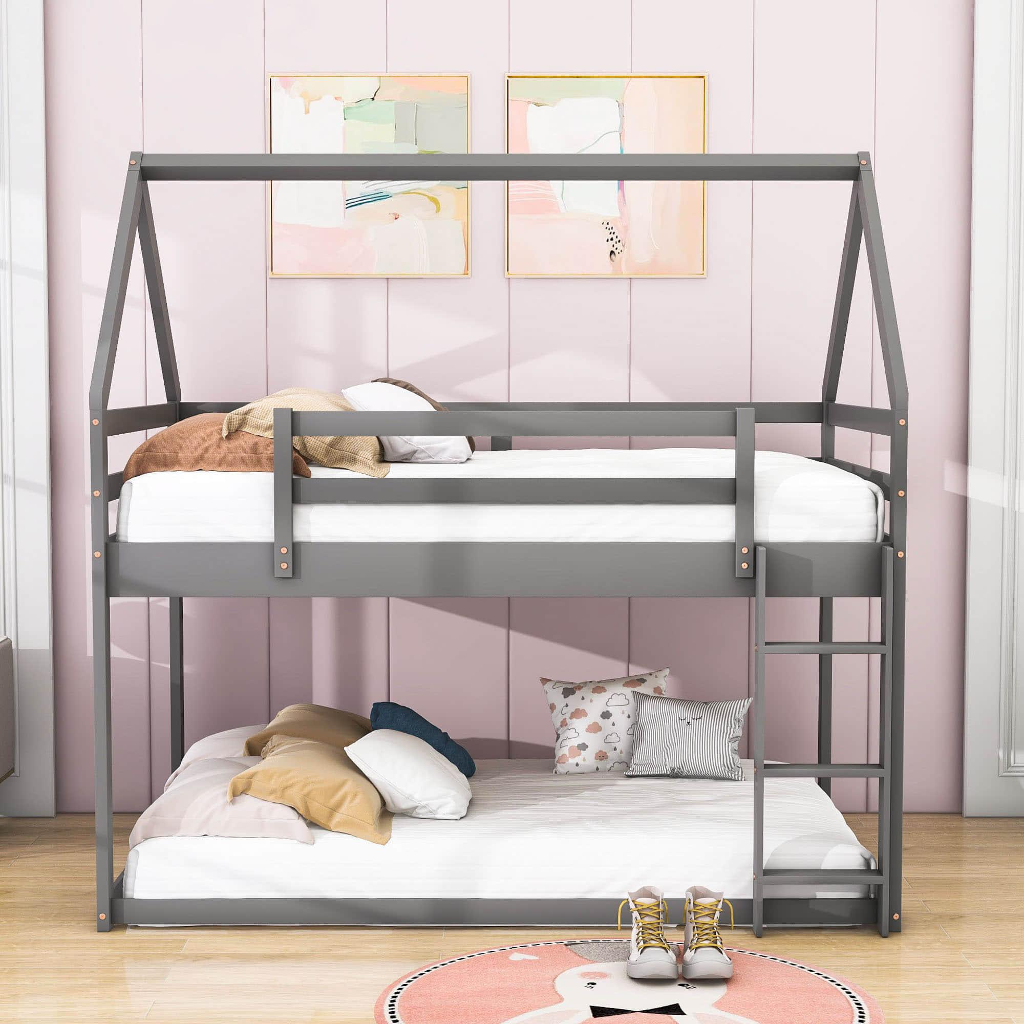 Montessori Wood House Twin over Twin Loft Bunk Bed for Kids, Toddler - [Low]