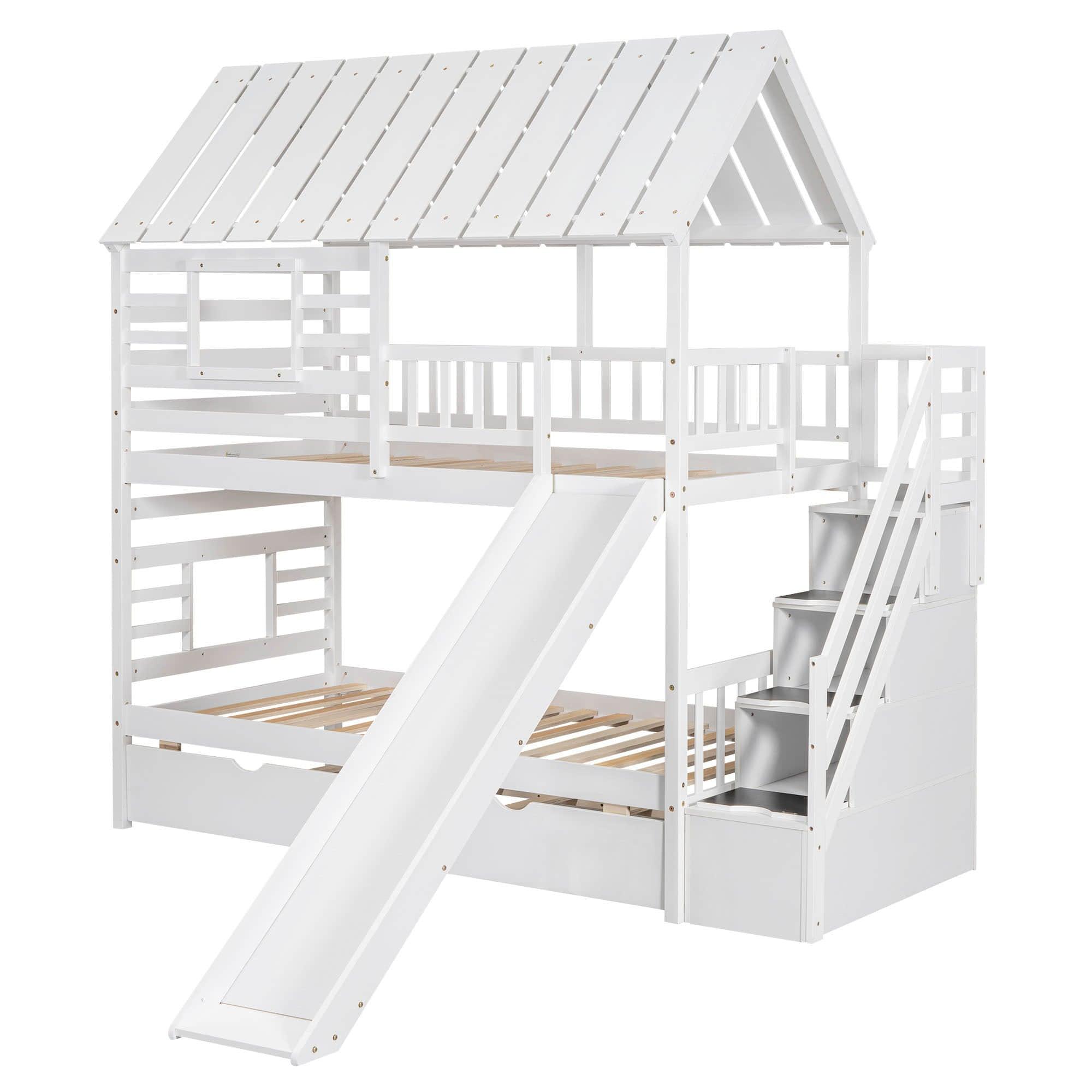 House Twin Over Twin Bunk Beds with Slide and Trundle for Kids