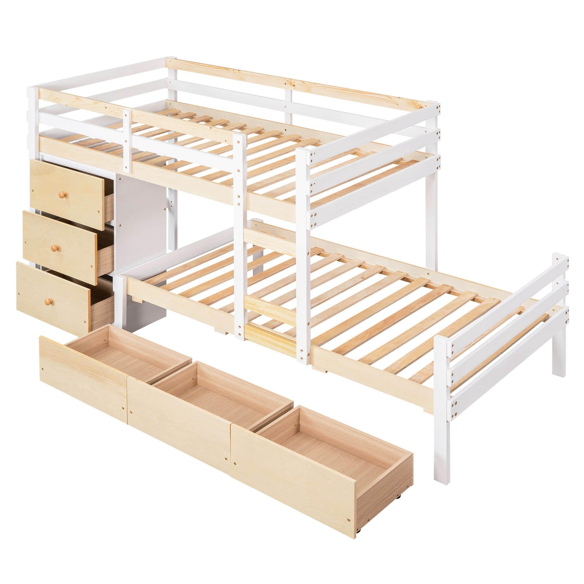 Low Twin Over Twin Bunk Beds for Kids with Storage Drawers and Dresser