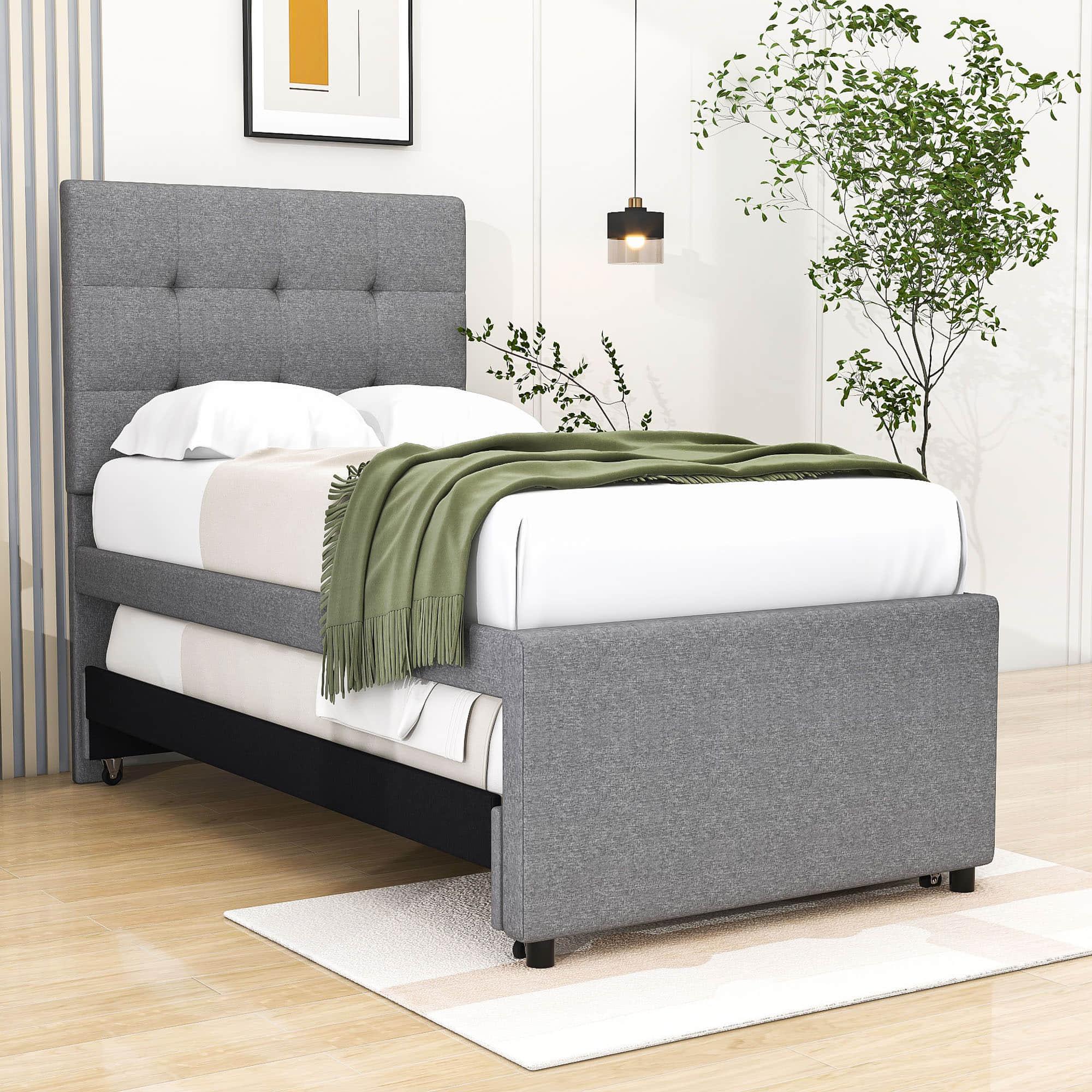 Twin Linen Upholstered Platform Bed Frame with Storage and Trundle