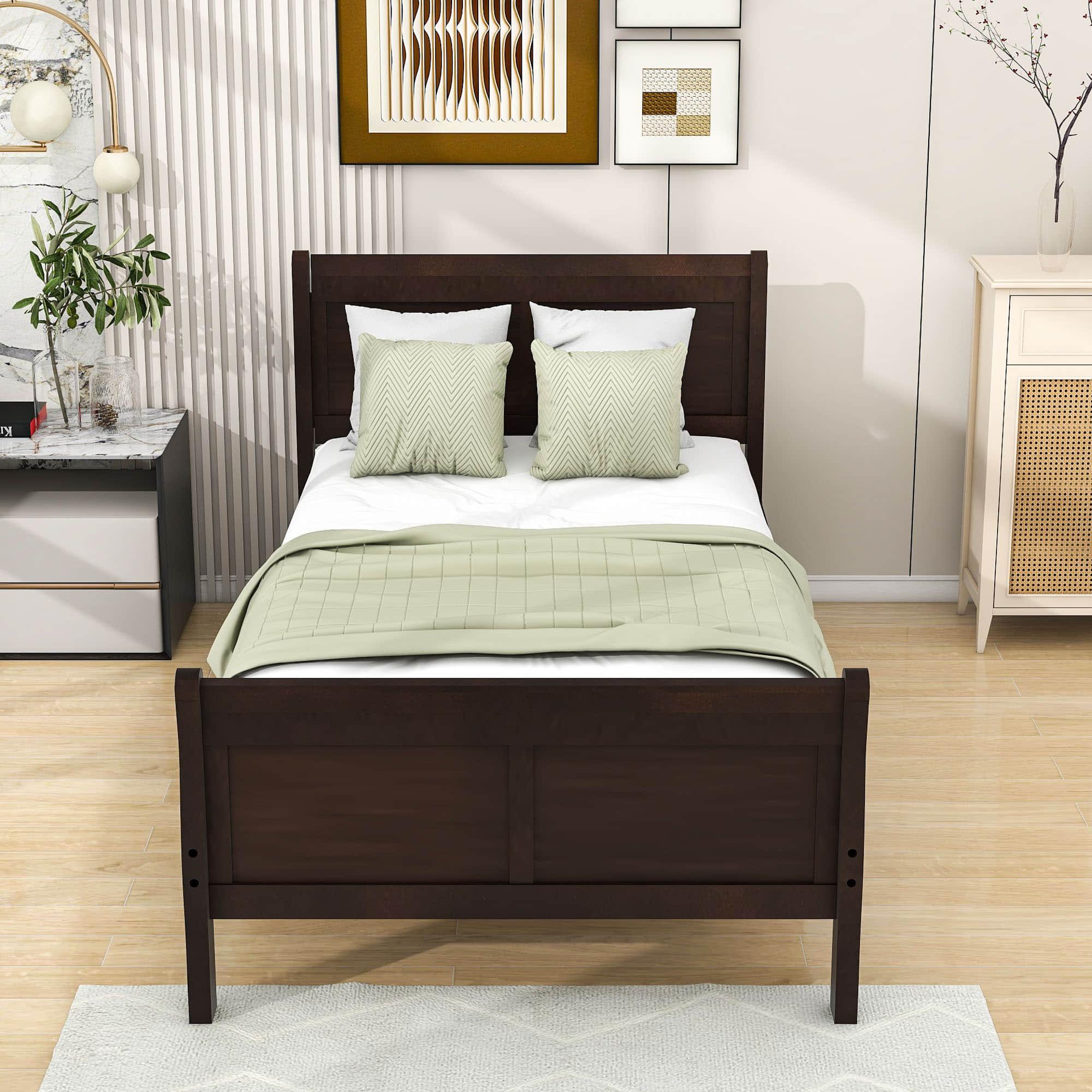 Wooden Twin Sleigh Bed Frame with Headboard and Footboard