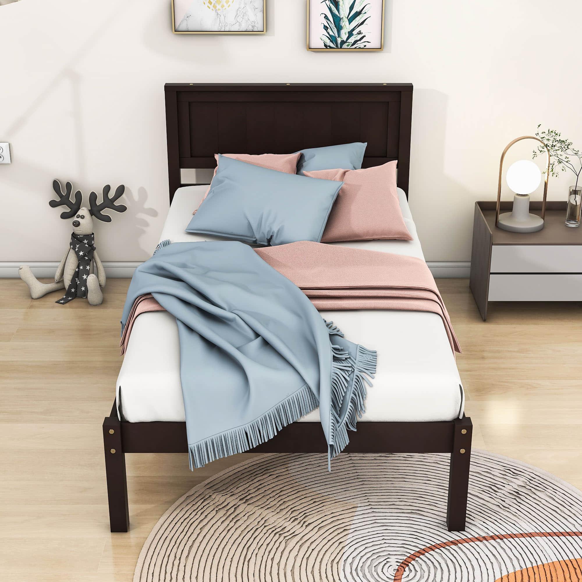 Wood Twin Size Vintage Platform Bed Frame with Headboard