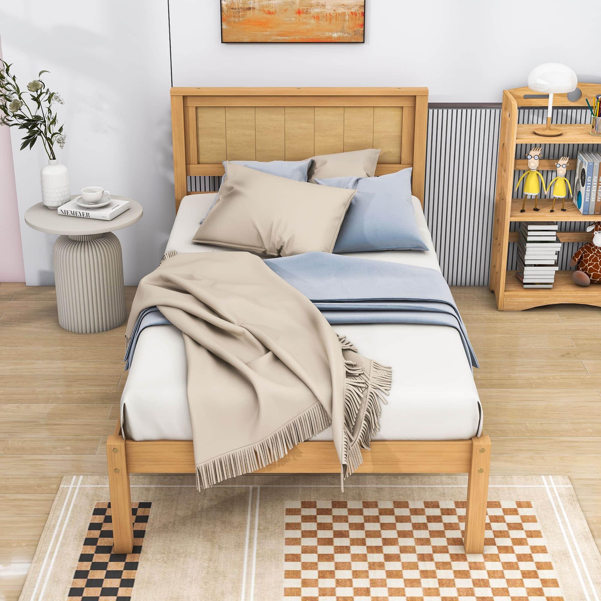 Wood Twin Size Vintage Platform Bed Frame with Headboard