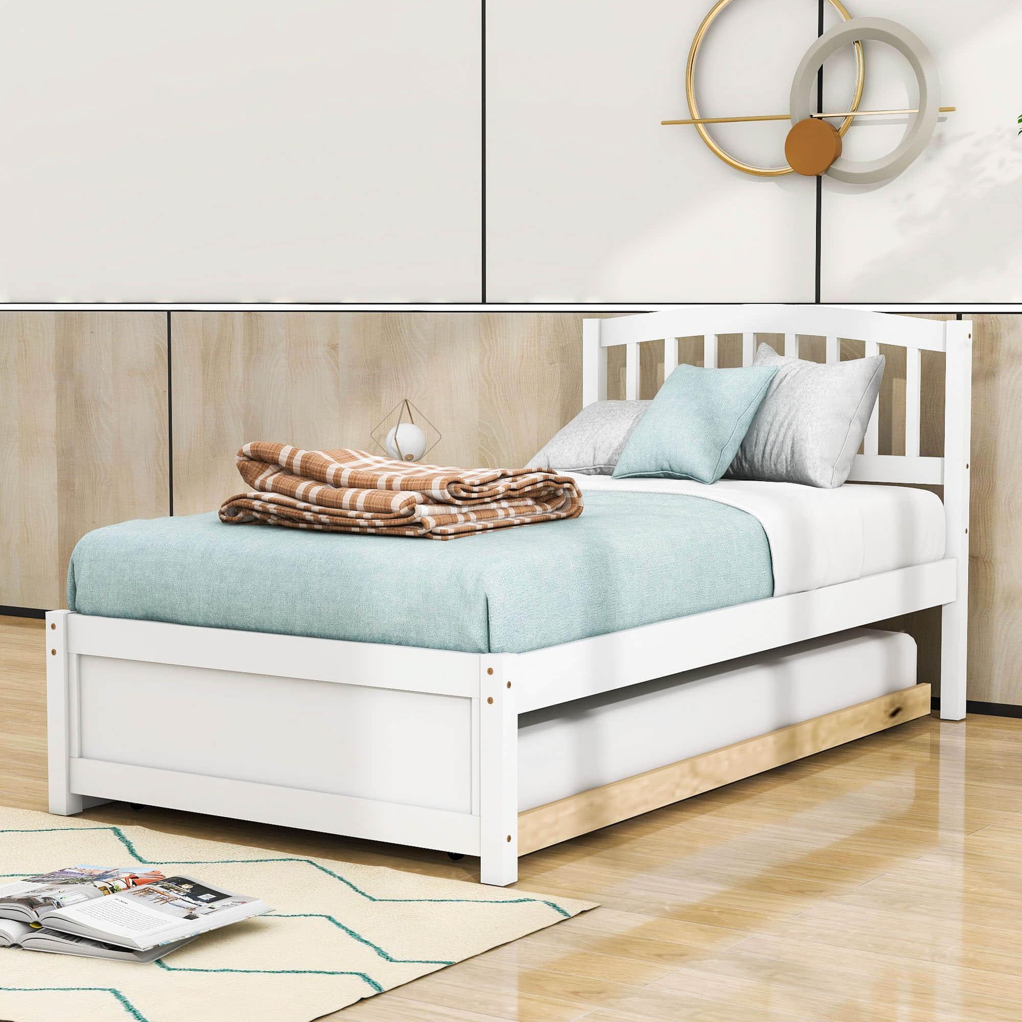 Wooden Twin Platform Bed with Trundle and Headboard