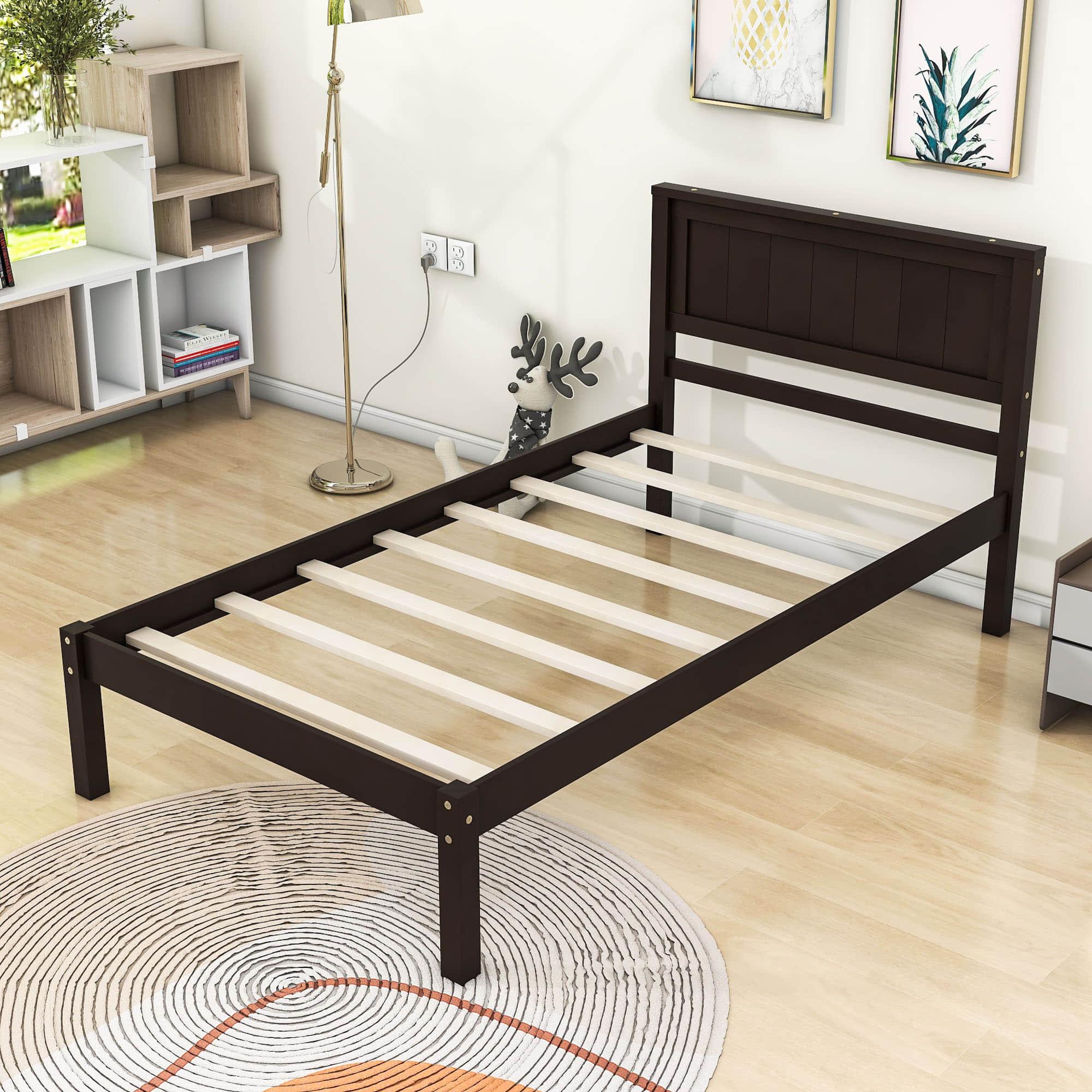 Wood Twin Size Vintage Platform Bed Frame with Headboard