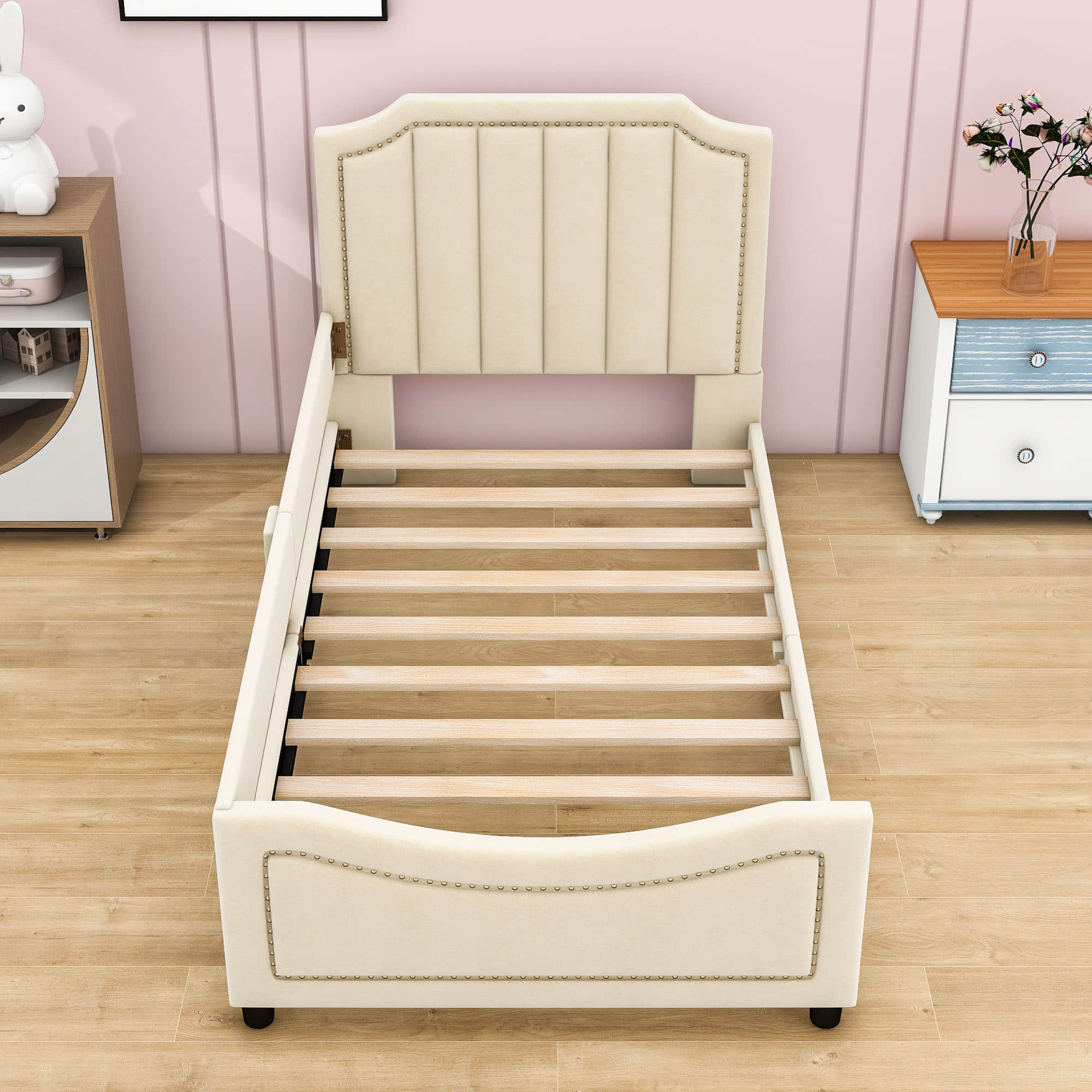 Cute Twin Low Profile Upholstered Toddler Nursery Bed with Rails