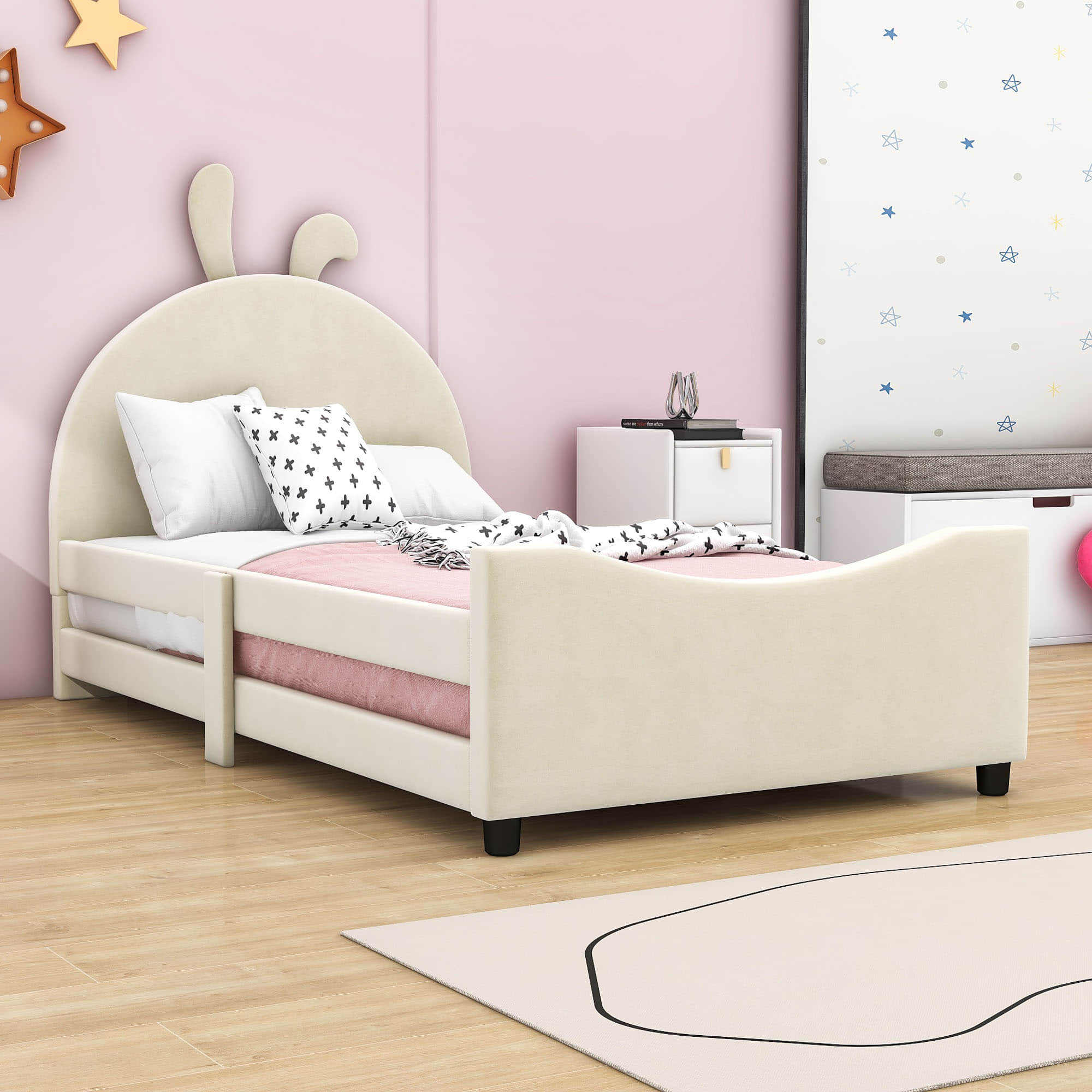 Cute Twin Size Low Profile Upholstered Toddler Bed with Rails