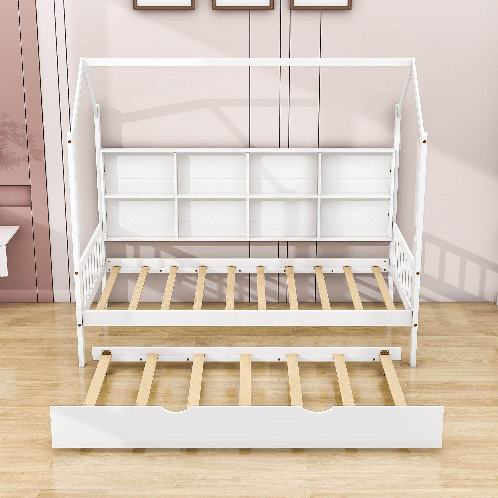 Twin Size Kids House Bed Frame with Twin Trundle and Shelf above Bed