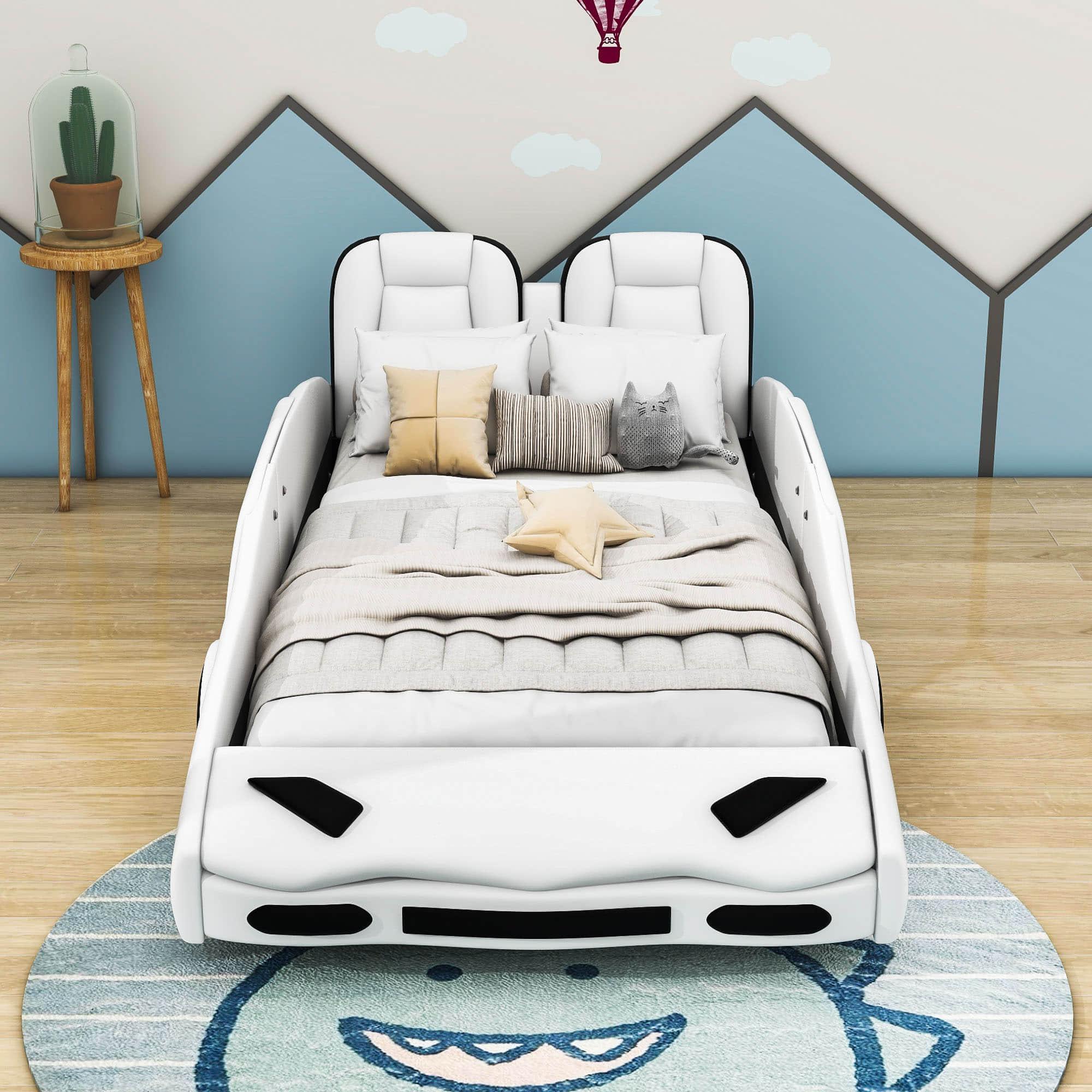 PU Leather Twin Race Car Bed with Wheels for Boys, Kids