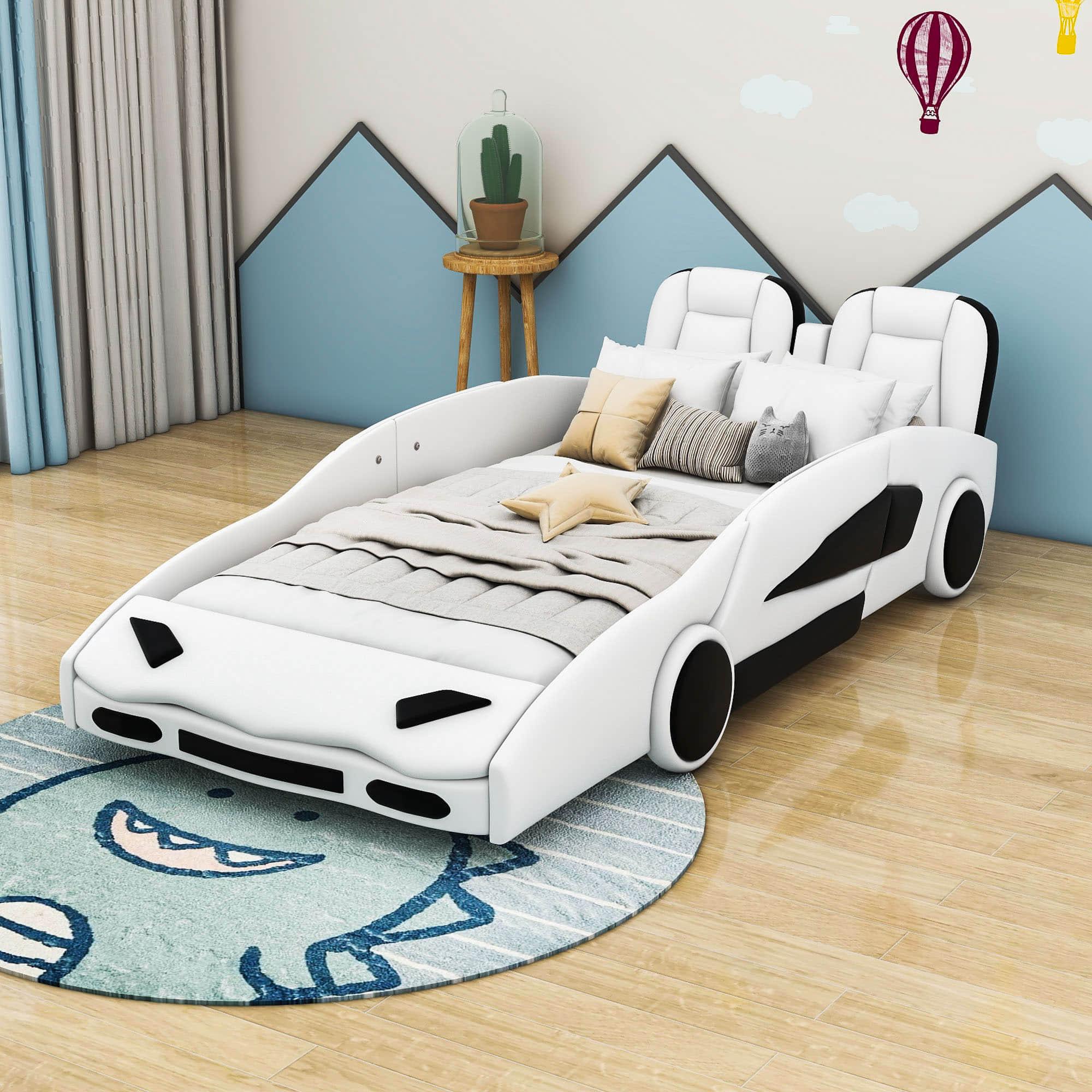 PU Leather Twin Race Car Bed with Wheels for Boys, Kids