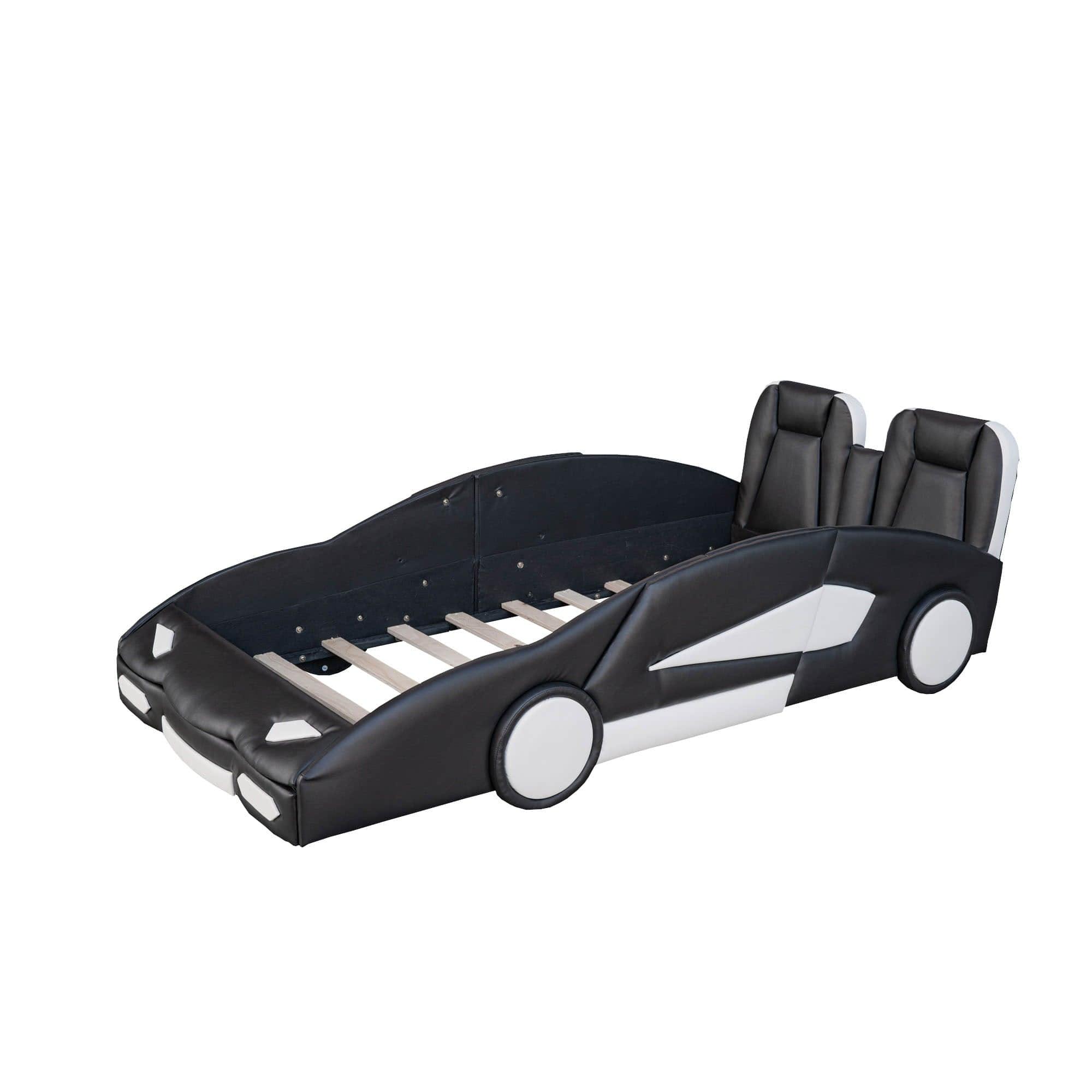 PU Leather Twin Race Car Bed with Wheels for Boys, Kids