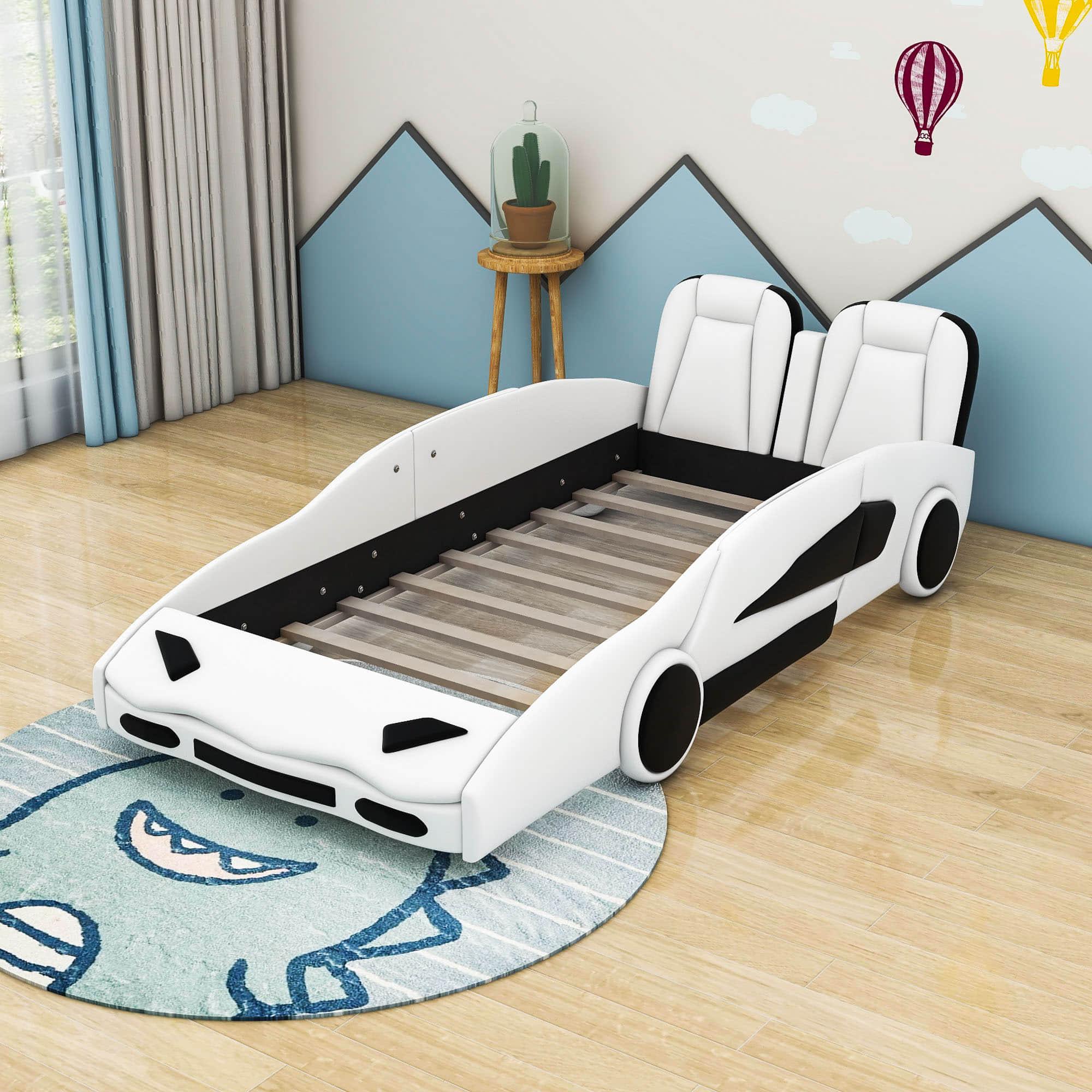 PU Leather Twin Race Car Bed with Wheels for Boys, Kids