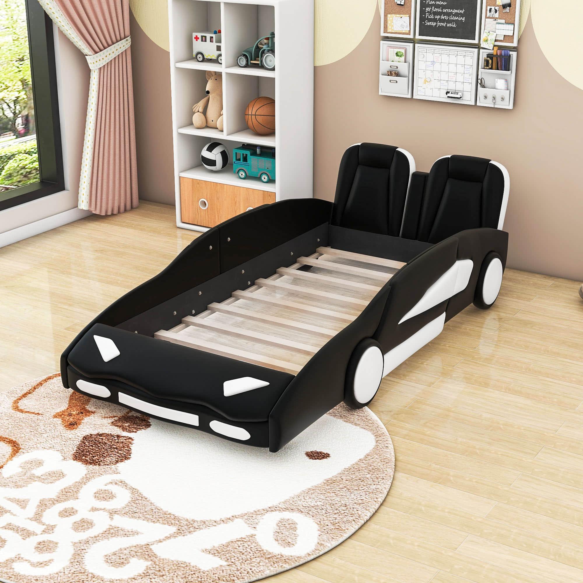 PU Leather Twin Race Car Bed with Wheels for Boys, Kids