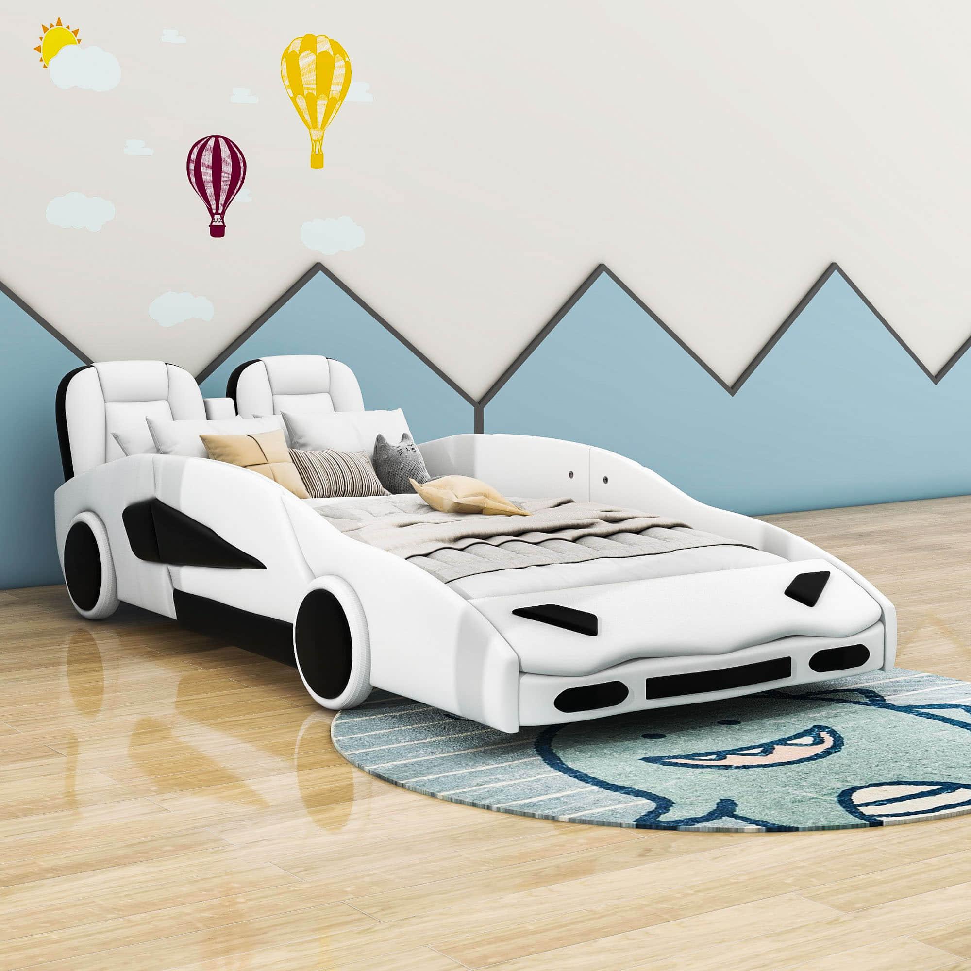 PU Leather Twin Race Car Bed with Wheels for Boys, Kids