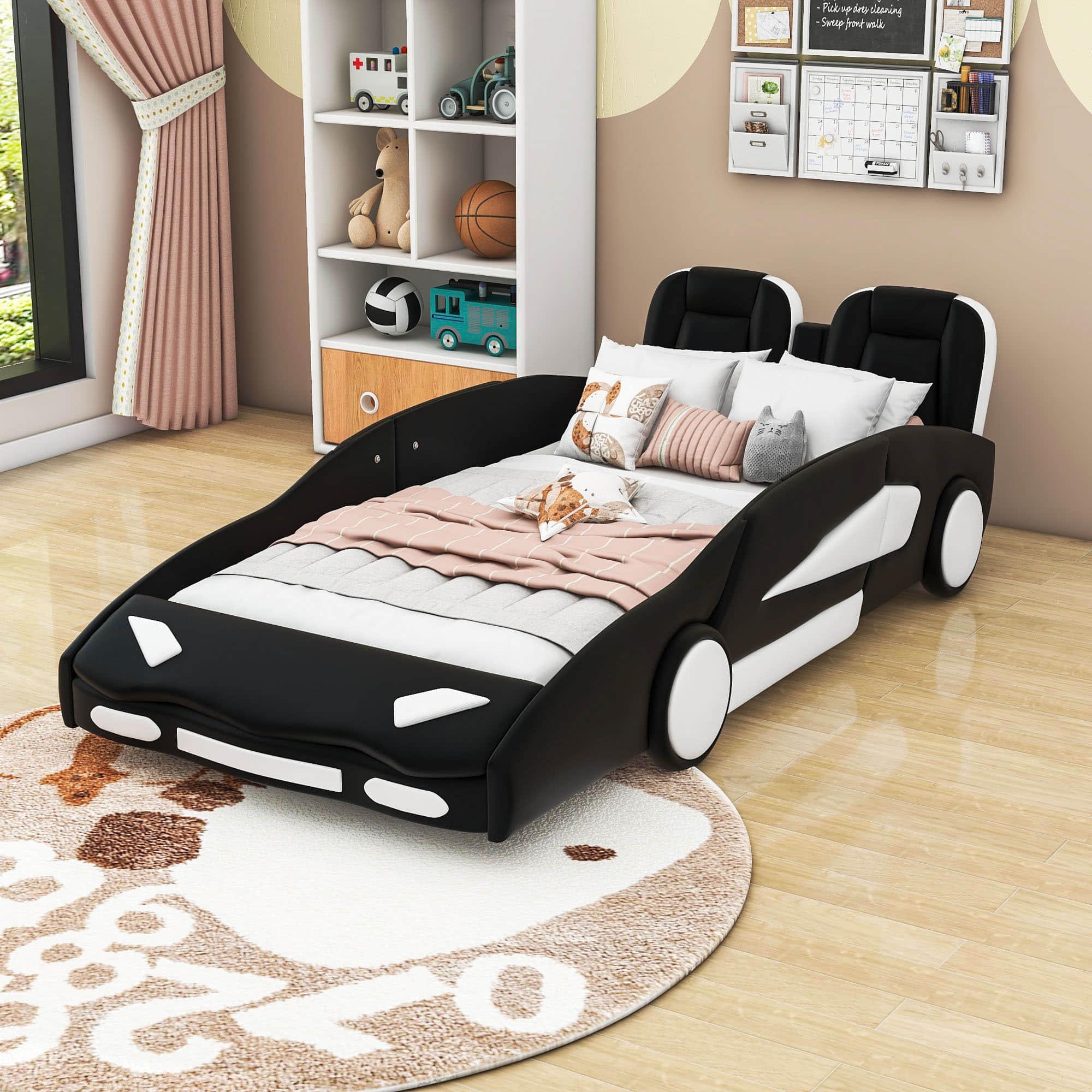 PU Leather Twin Race Car Bed with Wheels for Boys, Kids