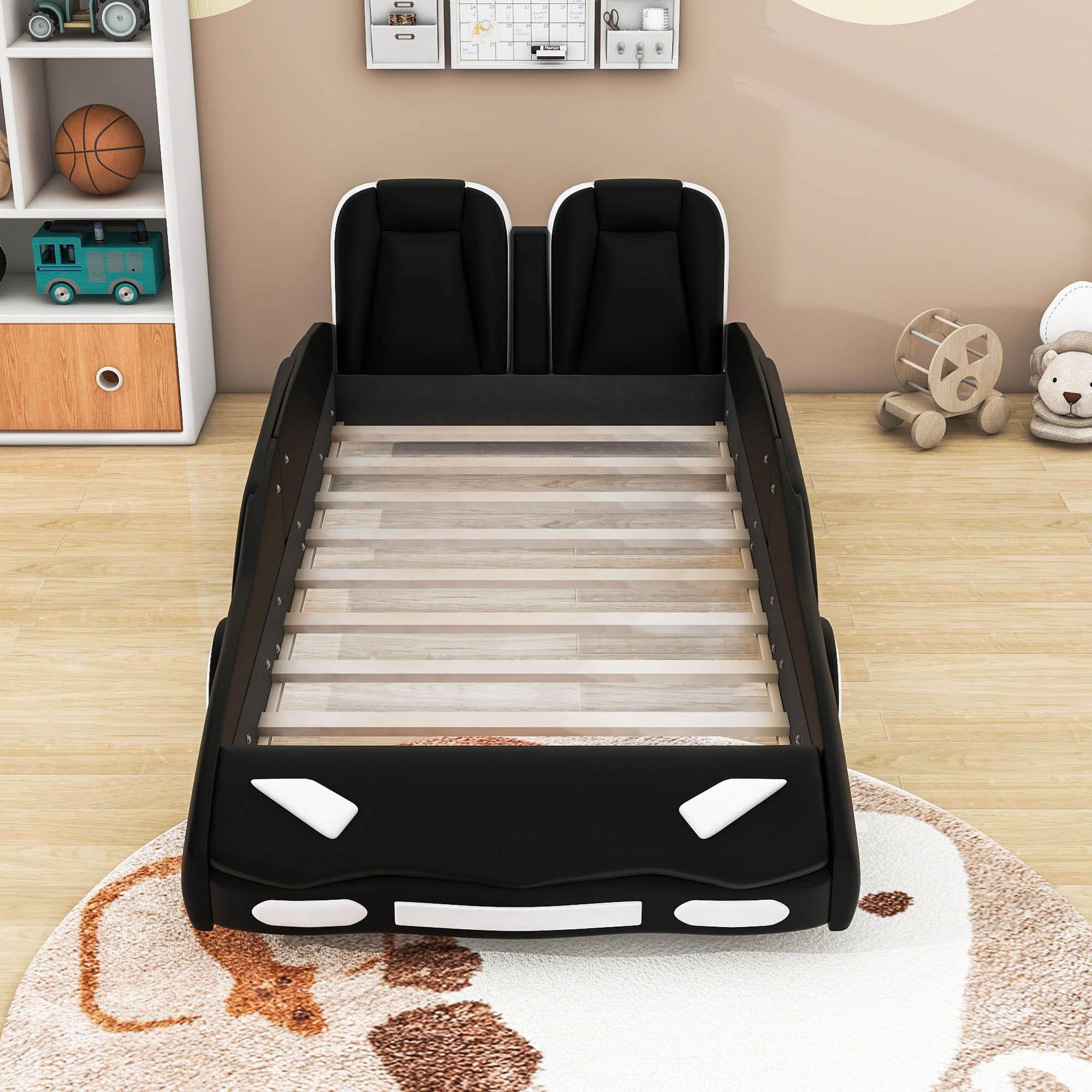 PU Leather Twin Race Car Bed with Wheels for Boys, Kids