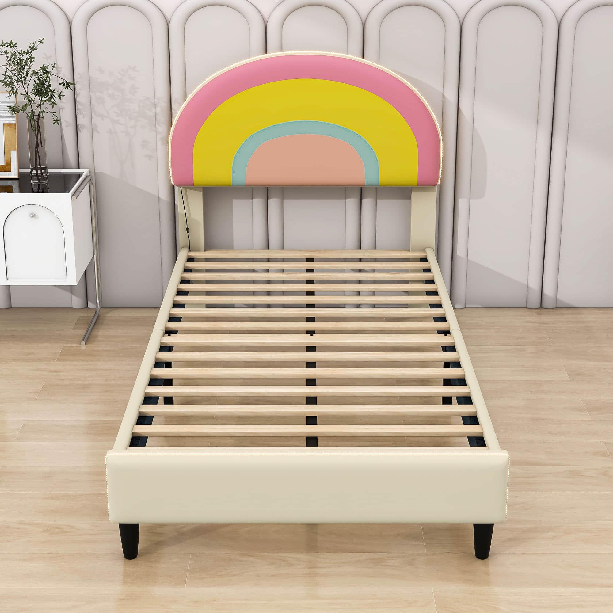 Girls Cute Twin Upholstered Platform Bed Frame with Rainbow Headboard