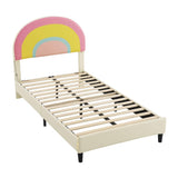 Girls Cute Twin Upholstered Platform Bed Frame with Rainbow Headboard