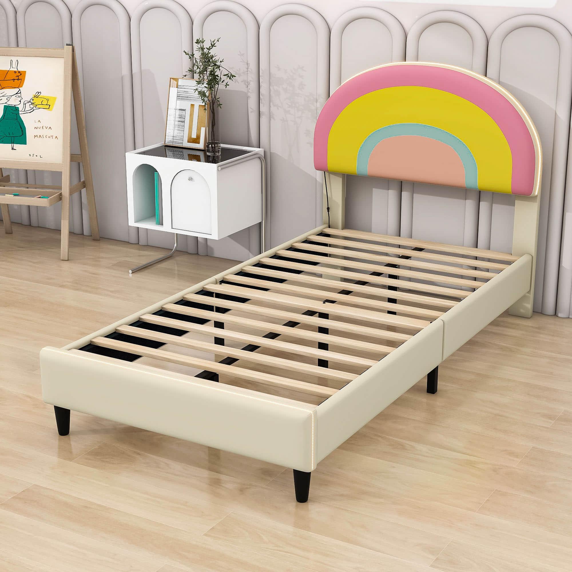 Girls Cute Twin Upholstered Platform Bed Frame with Rainbow Headboard