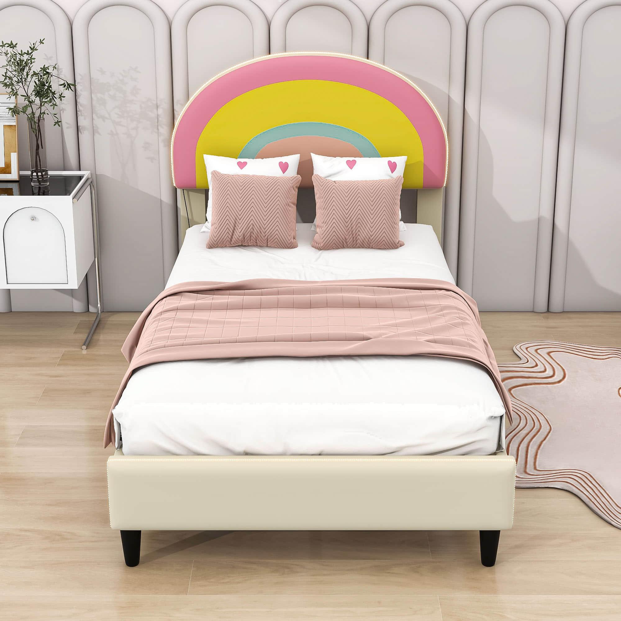 Girls Cute Twin Upholstered Platform Bed Frame with Rainbow Headboard