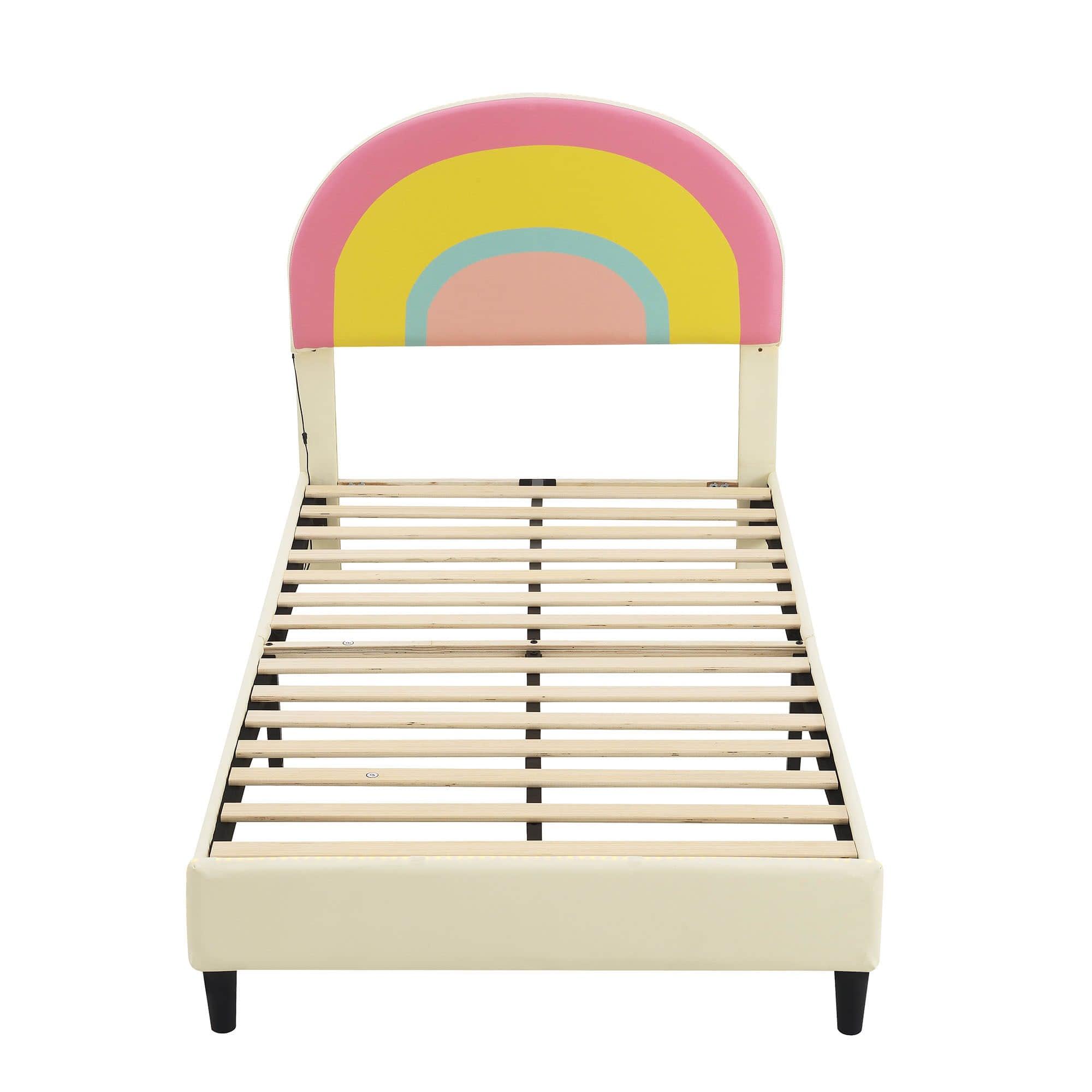 Girls Cute Twin Upholstered Platform Bed Frame with Rainbow Headboard