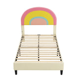 Girls Cute Twin Upholstered Platform Bed Frame with Rainbow Headboard