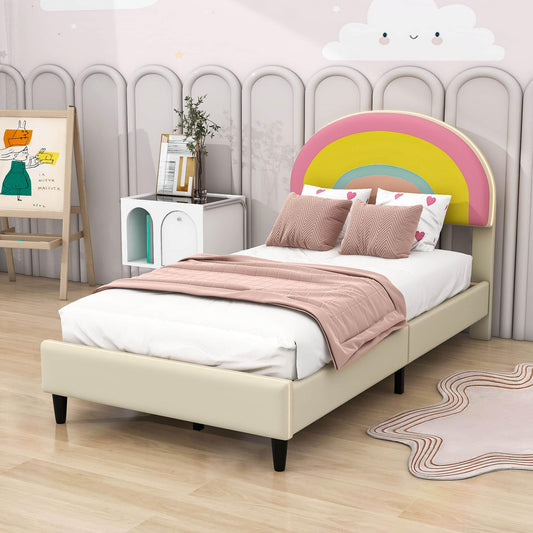 Girls Cute Twin Upholstered Platform Bed Frame with Rainbow Headboard