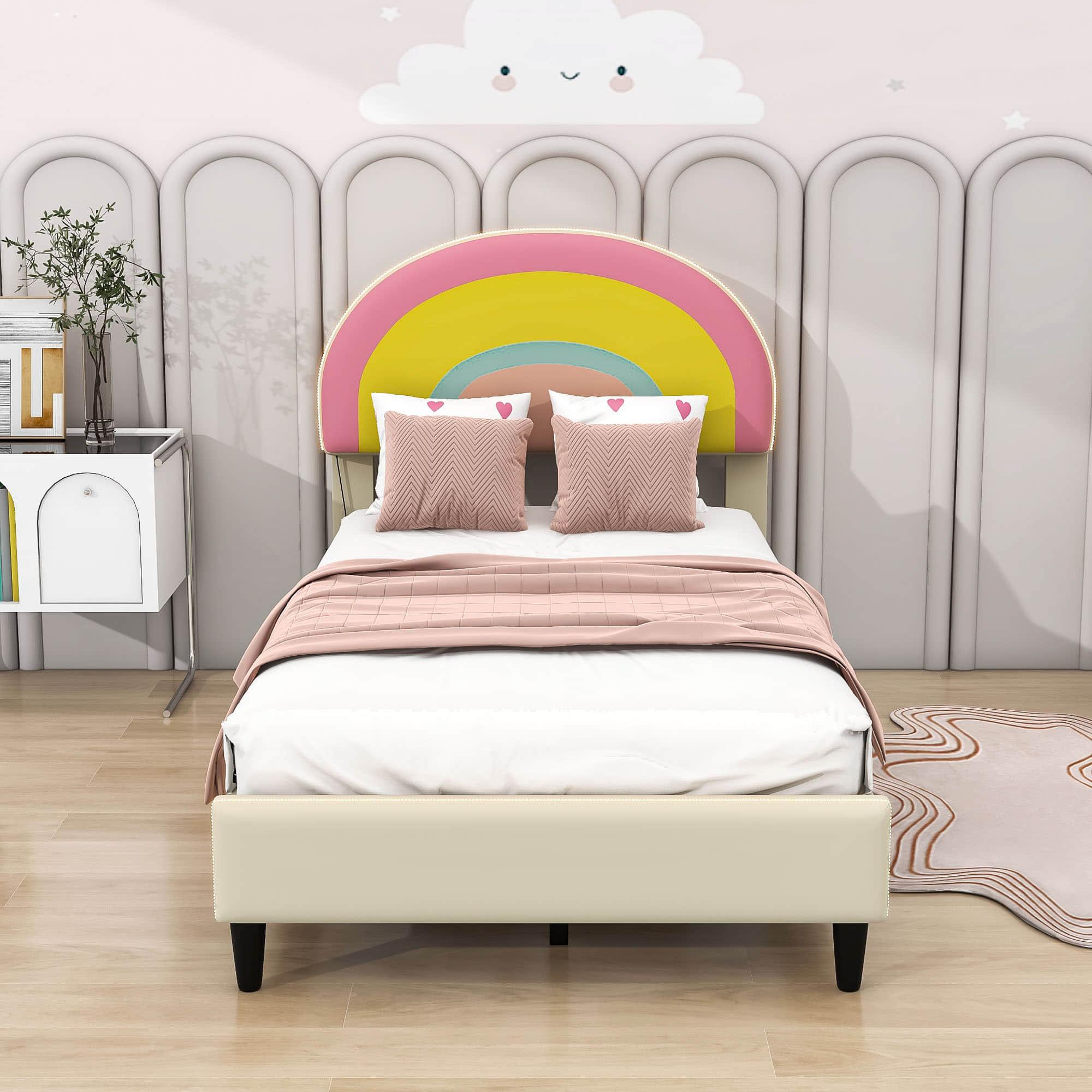 Girls Cute Twin Upholstered Platform Bed Frame with Rainbow Headboard