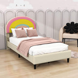 Girls Cute Twin Upholstered Platform Bed Frame with Rainbow Headboard