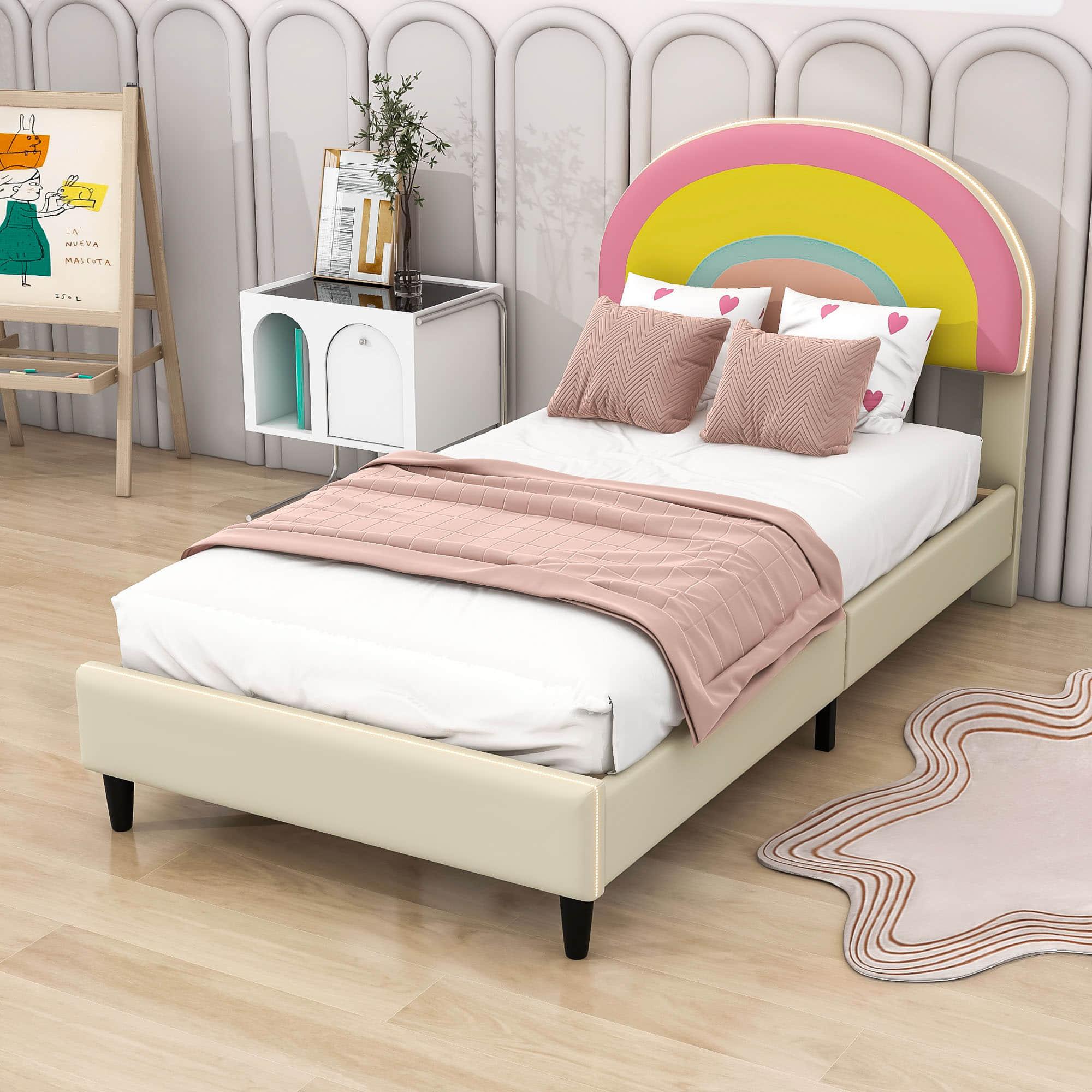 Girls Cute Twin Upholstered Platform Bed Frame with Rainbow Headboard