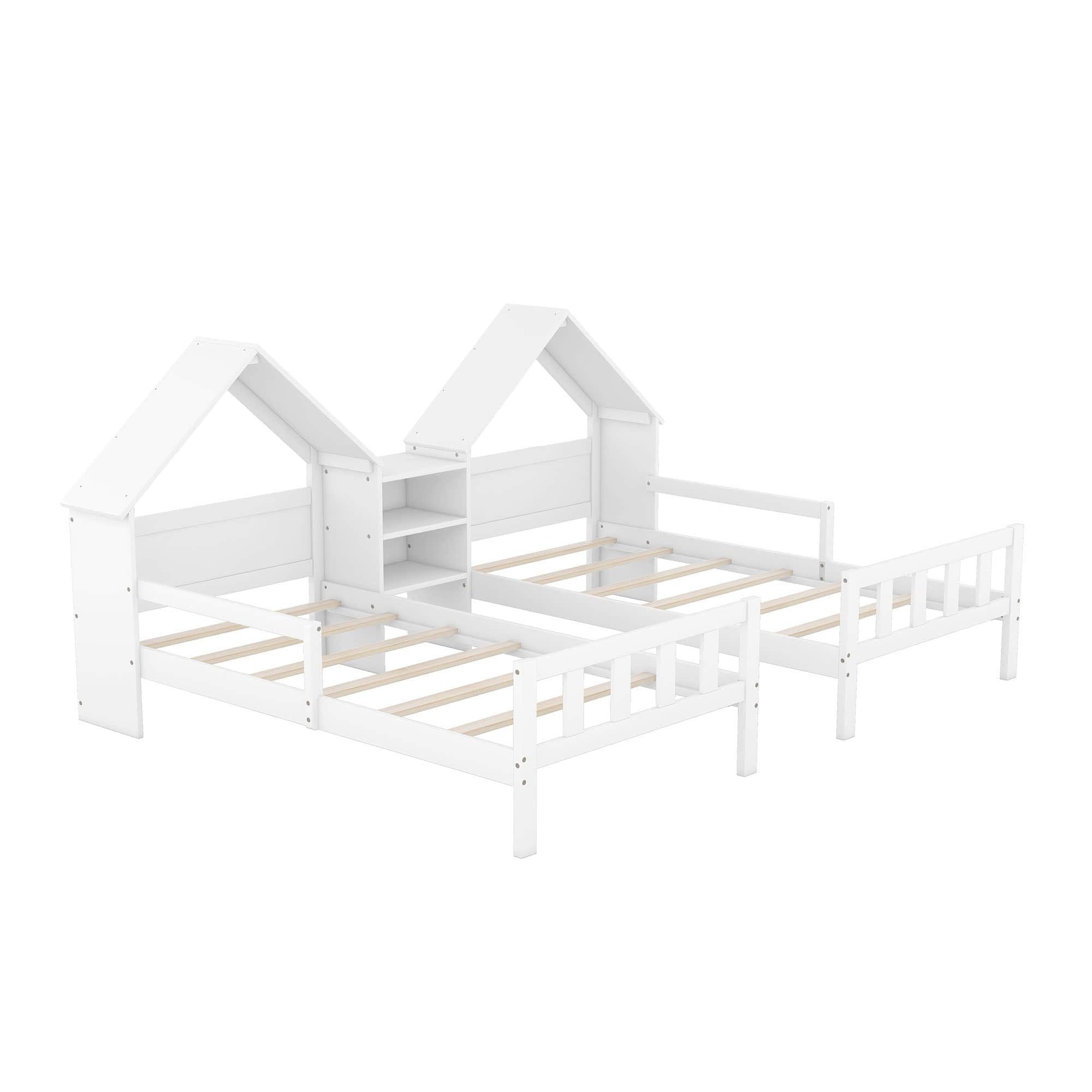 Double Twin Size Kids Platform Bed Frame with House-Shaped Headboard