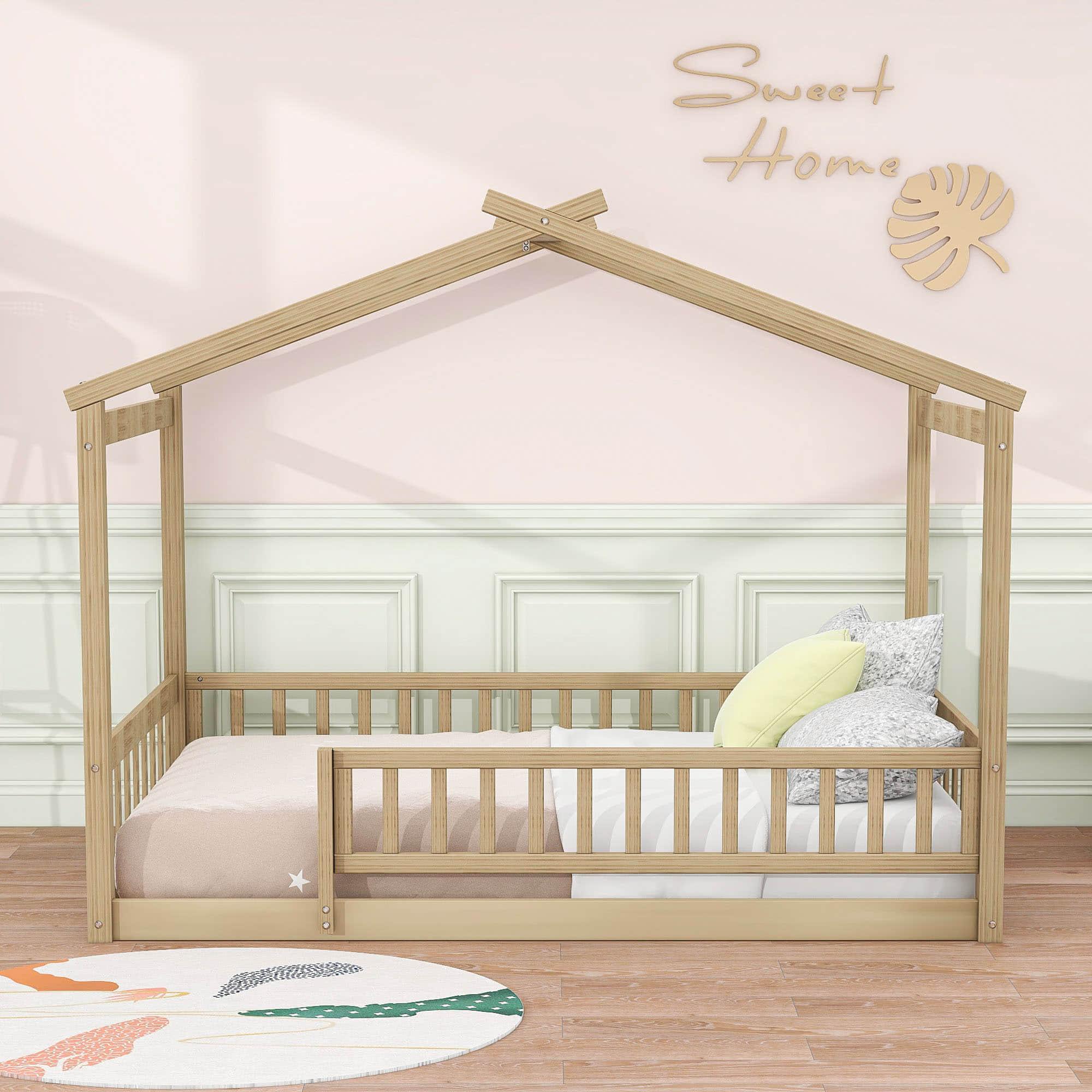 Twin Wood House Kids Toddler Floor Bed with Rails