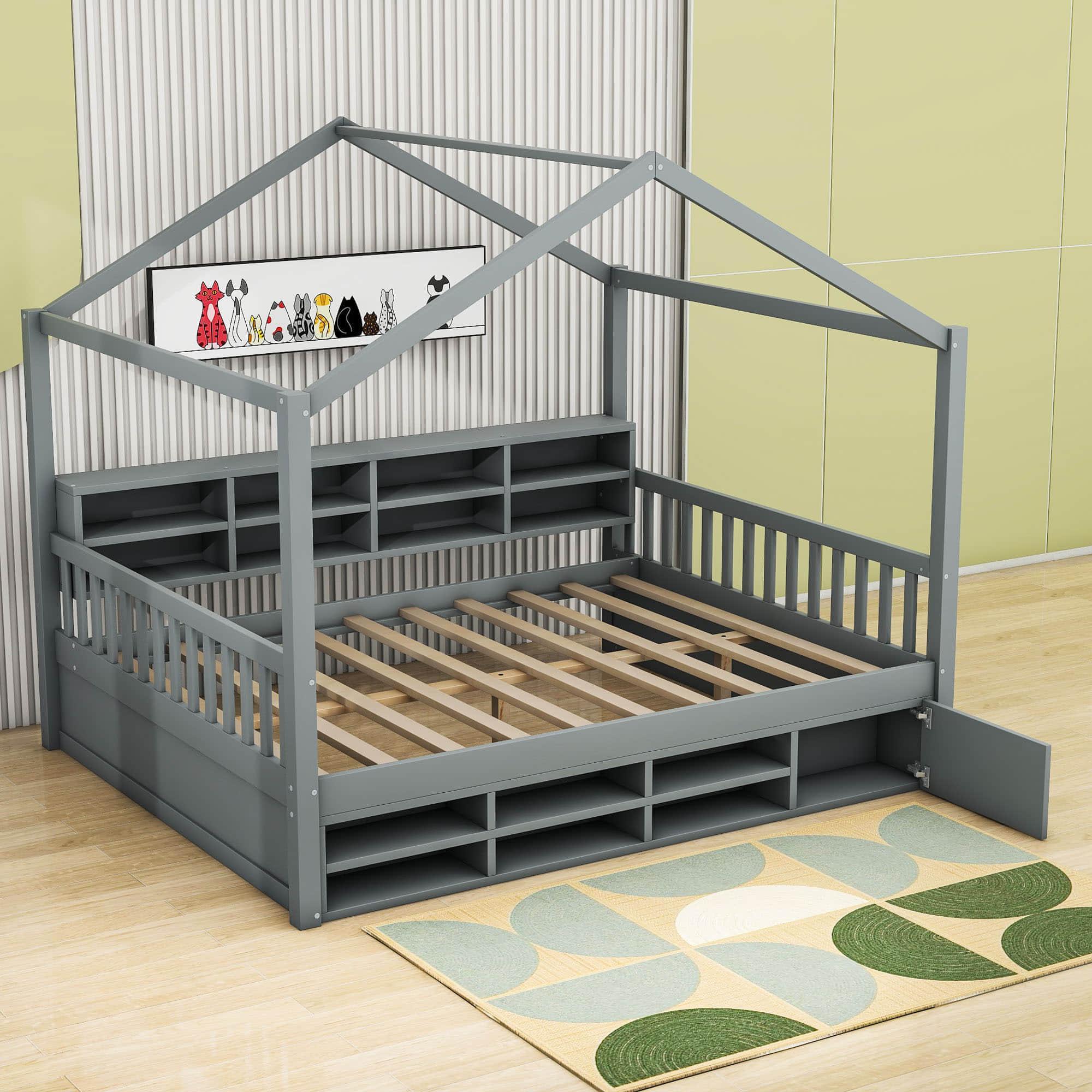 Wood Full House Kids Storage Bed Frame with Shelves and Mini-Cabinet