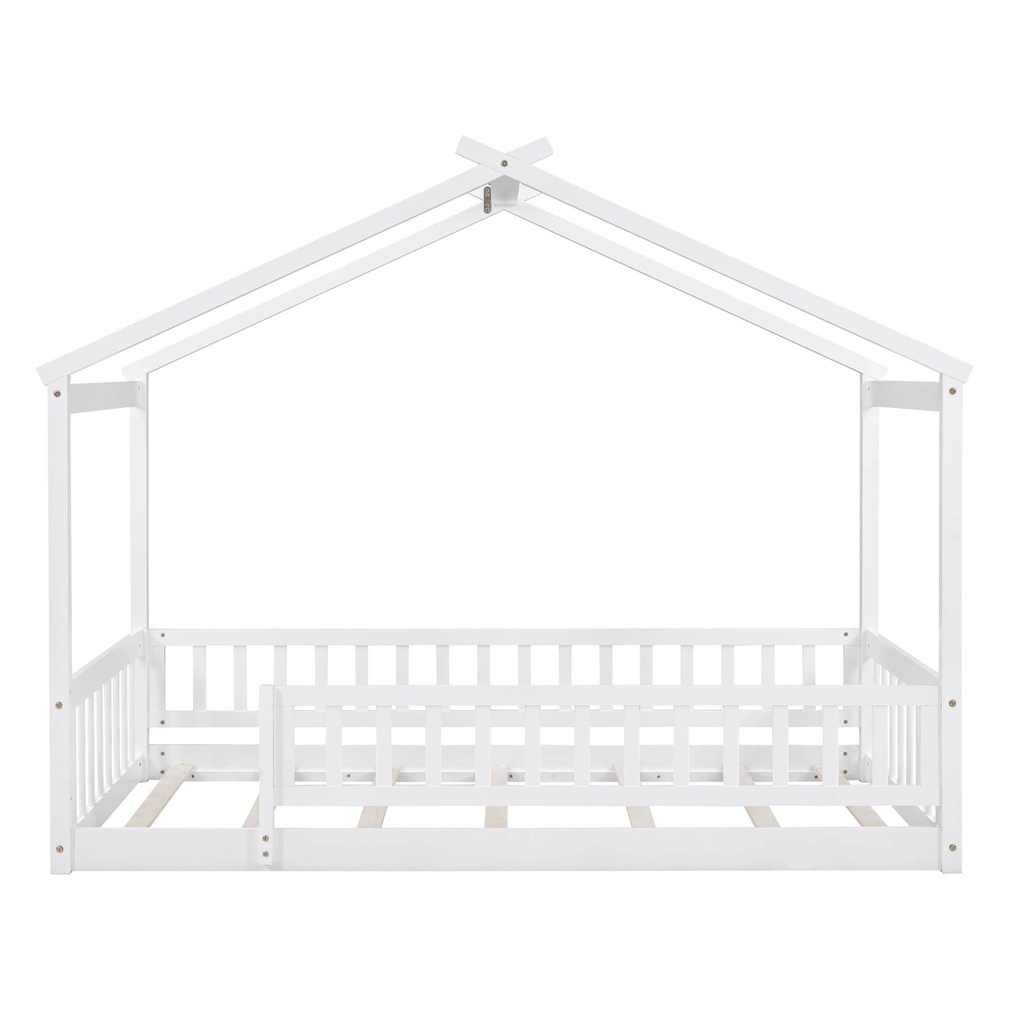 Twin Wood House Kids Toddler Floor Bed with Rails