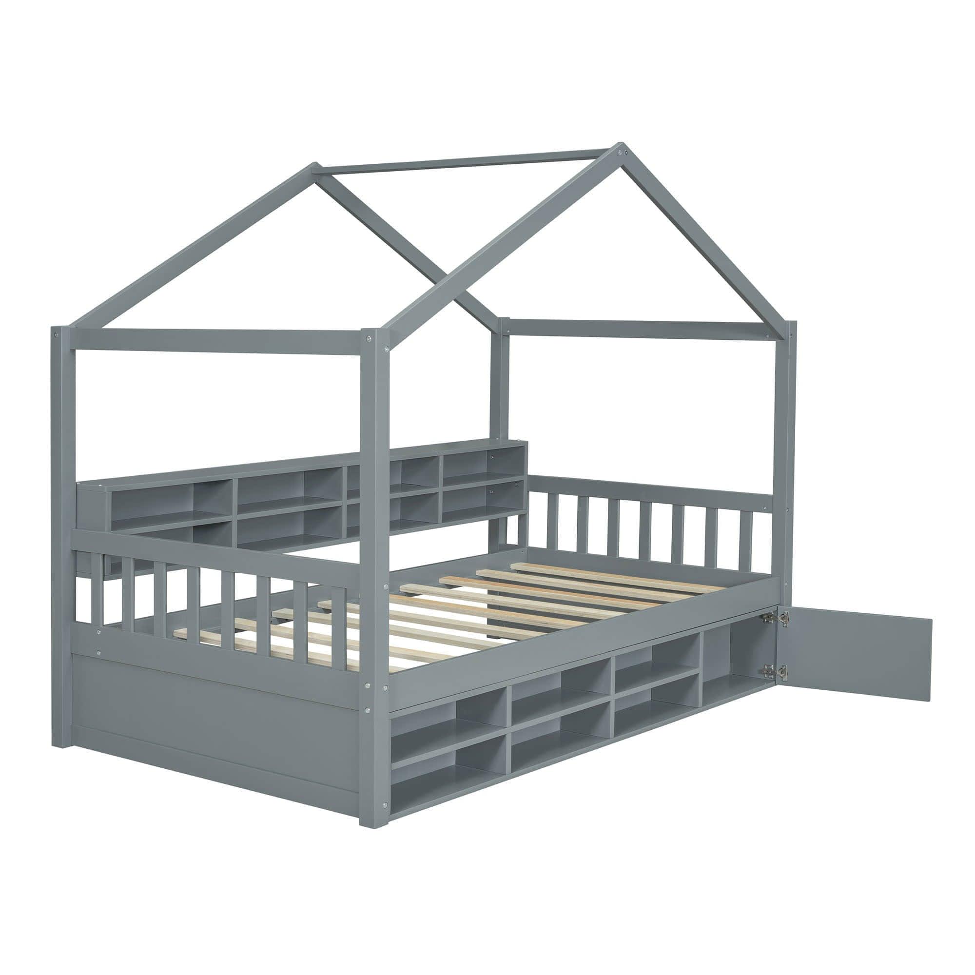 Wood Twin Size House Storage Bed Frame with Shelves and Mini-Cabinet