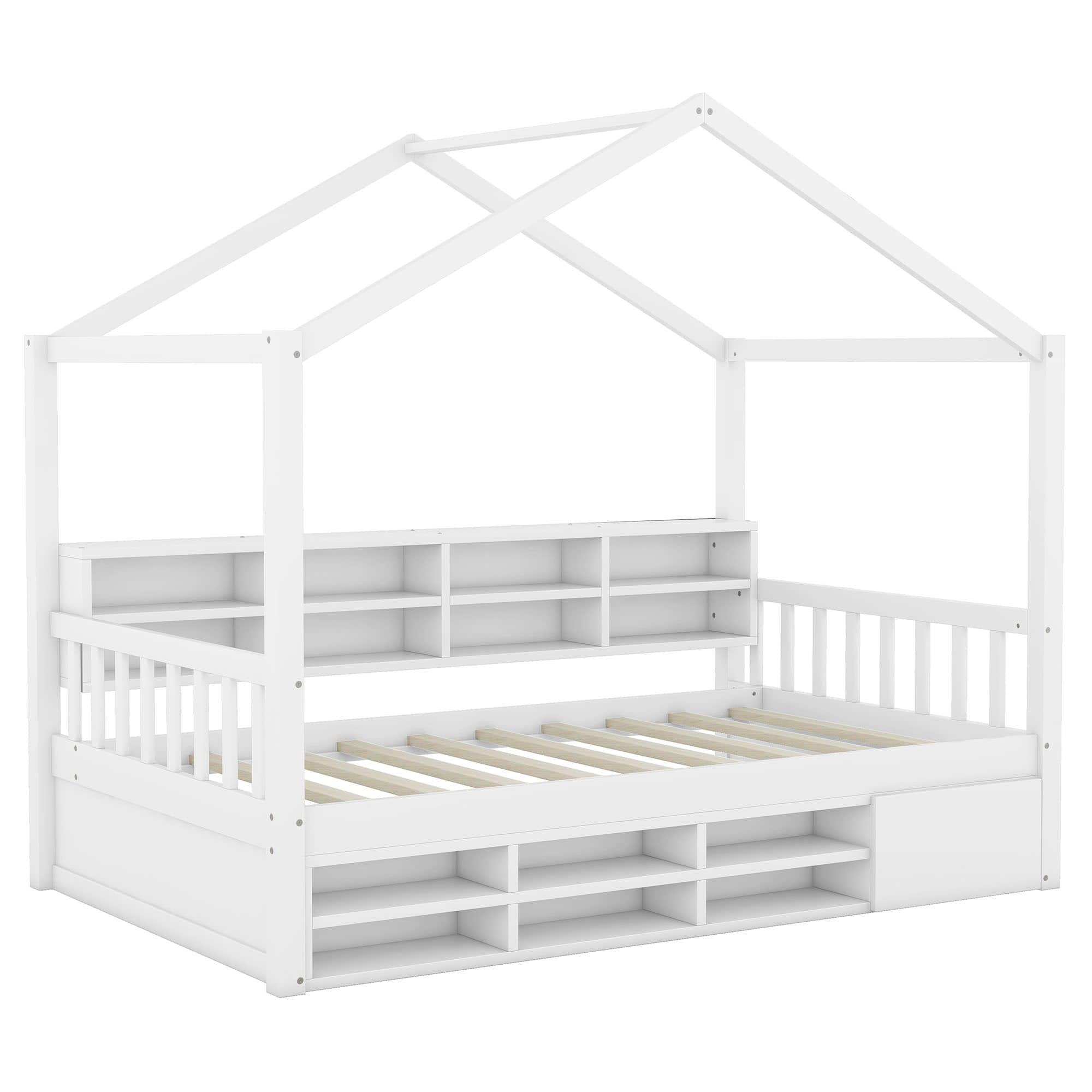 Wood Twin Size House Storage Bed Frame with Shelves and Mini-Cabinet