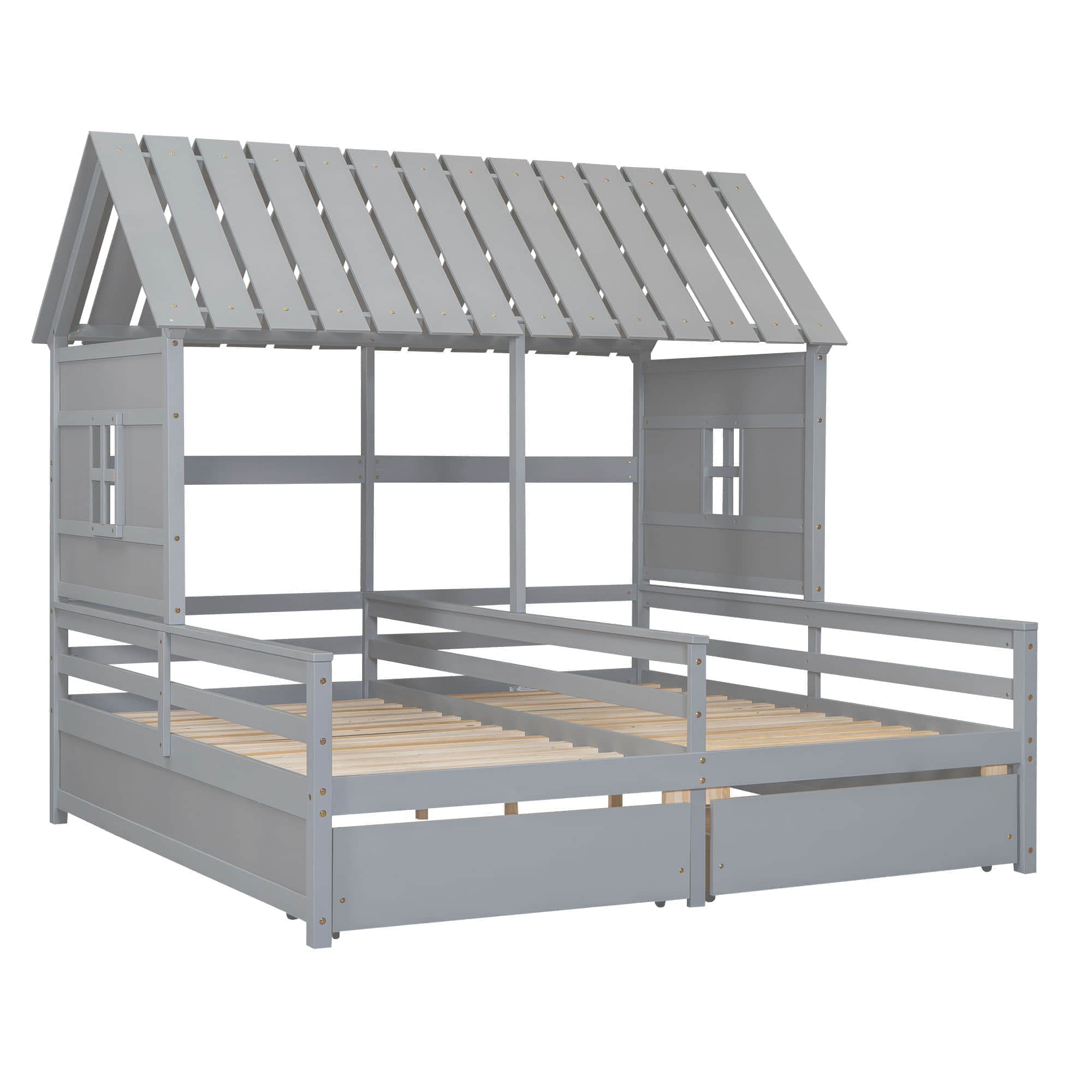 Wooden Double Twin Size House Platform Beds with Storage for 2 Kids