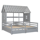 Wooden Double Twin Size House Platform Beds with Storage for 2 Kids