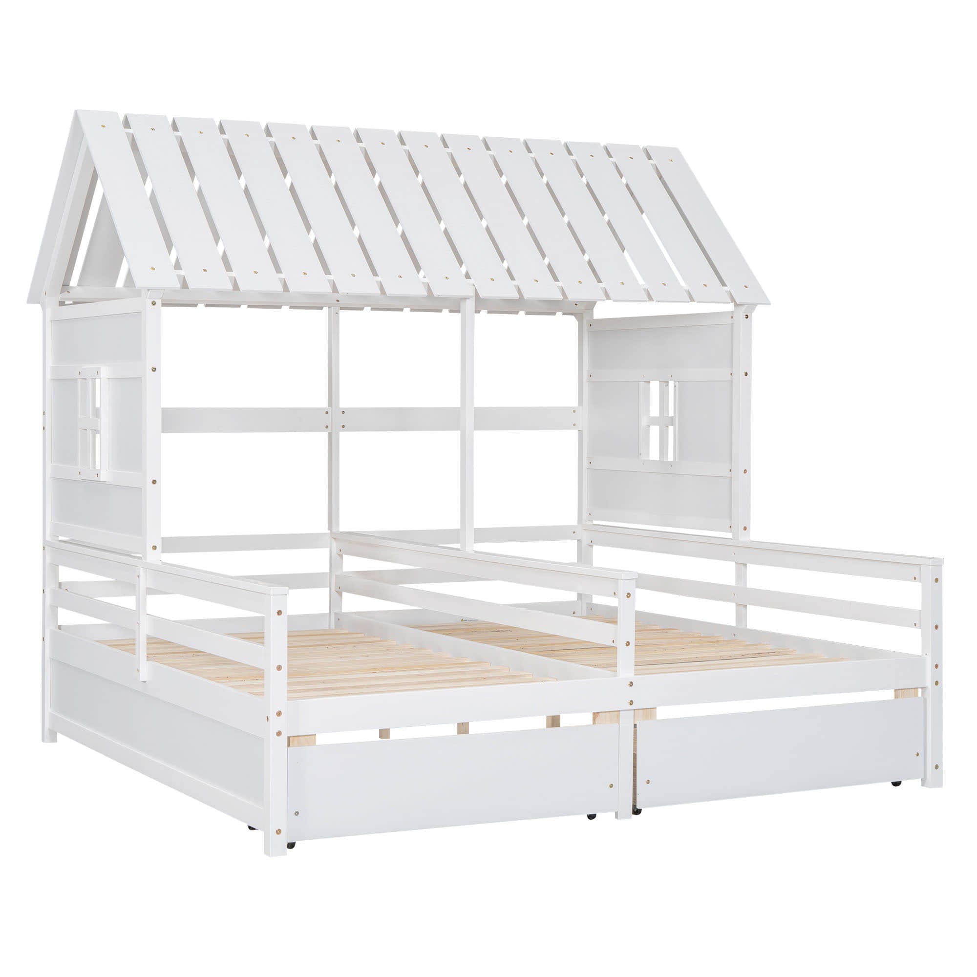 Wooden Double Twin Size House Platform Beds with Storage for 2 Kids