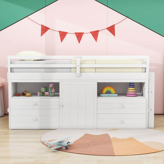 Low Twin Loft Bed Frame with Storage for Kids - [Drawers, Cabinet, Shelves]