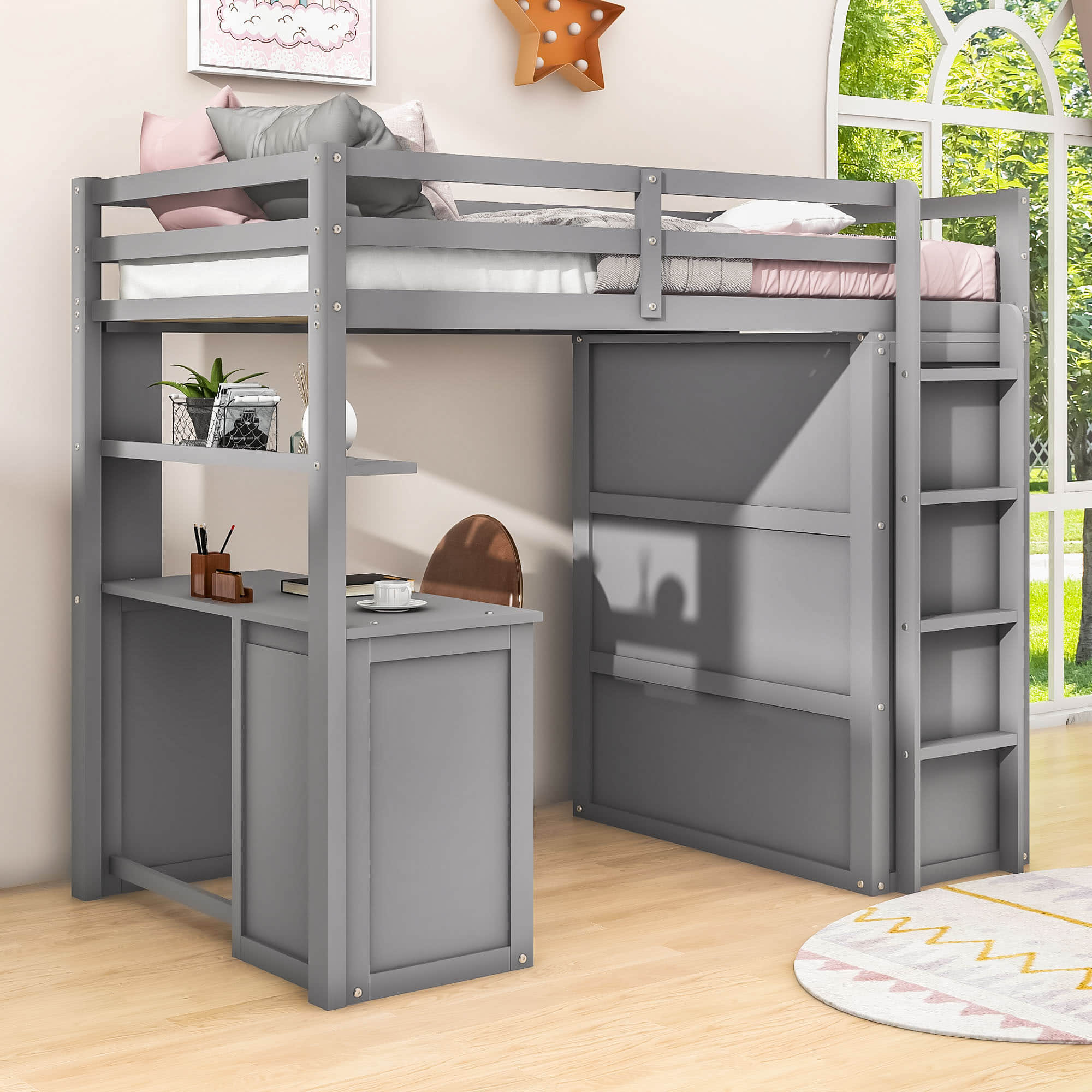 Wood Twin Loft Bed with Desk and Storage for Kids, Adults - [Wardrobe]