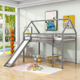 Wood House Twin Loft Bed for Kids with Slide