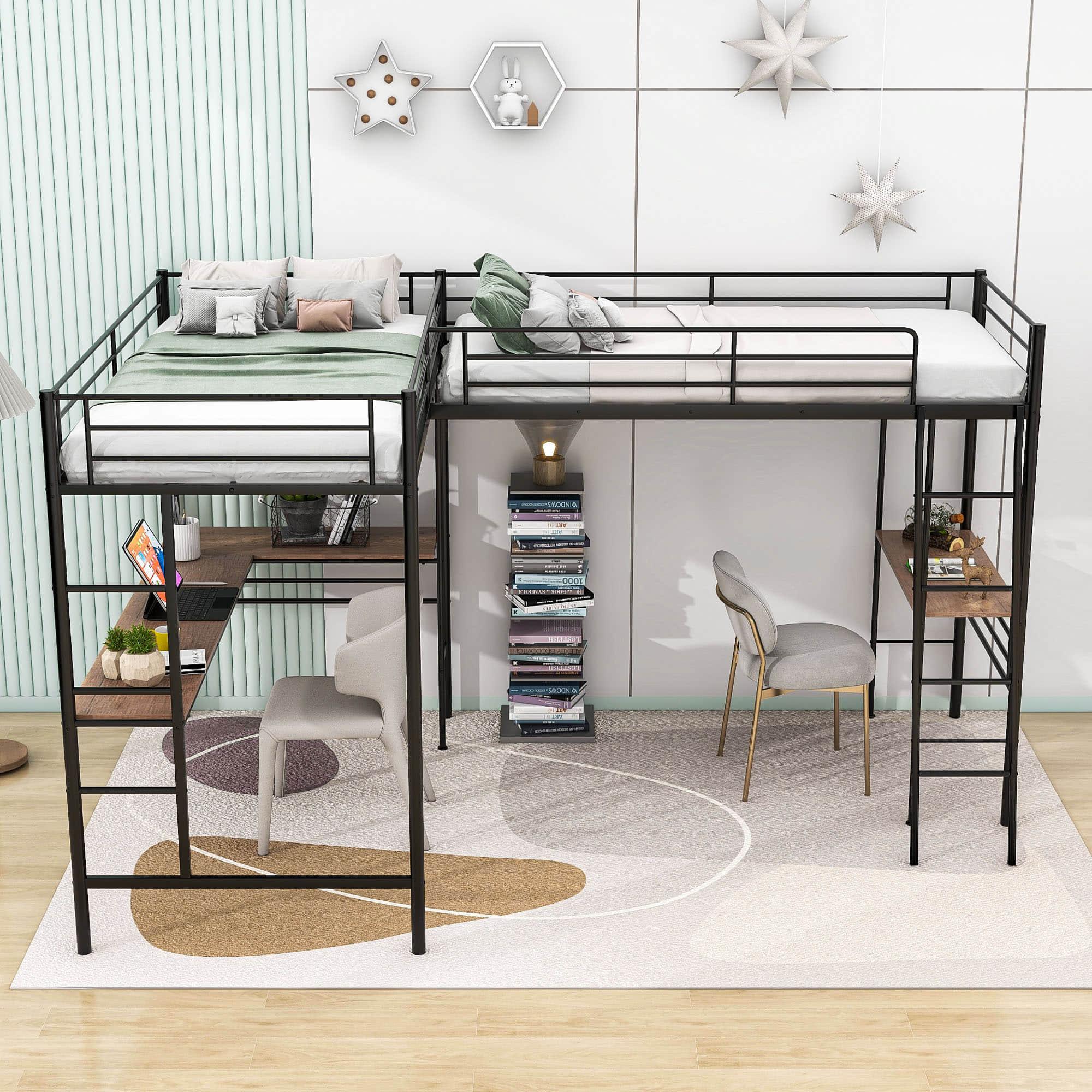 L-Shaped Double Black Metal Twin Loft Bed with Desks for 2 Person - [Corner]