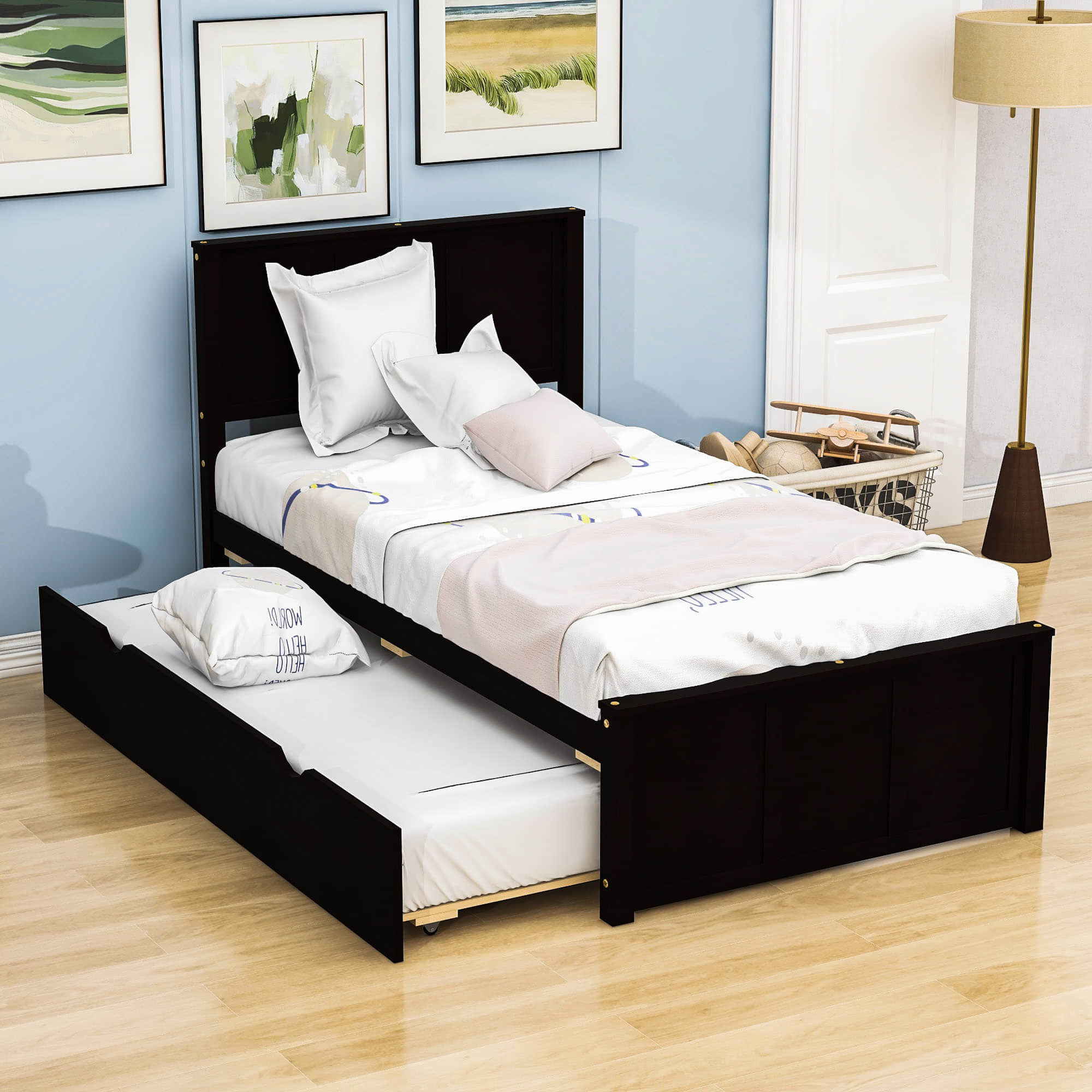 Classic Twin Platform Bed with Twin Trundle and Headboard - [Wood]