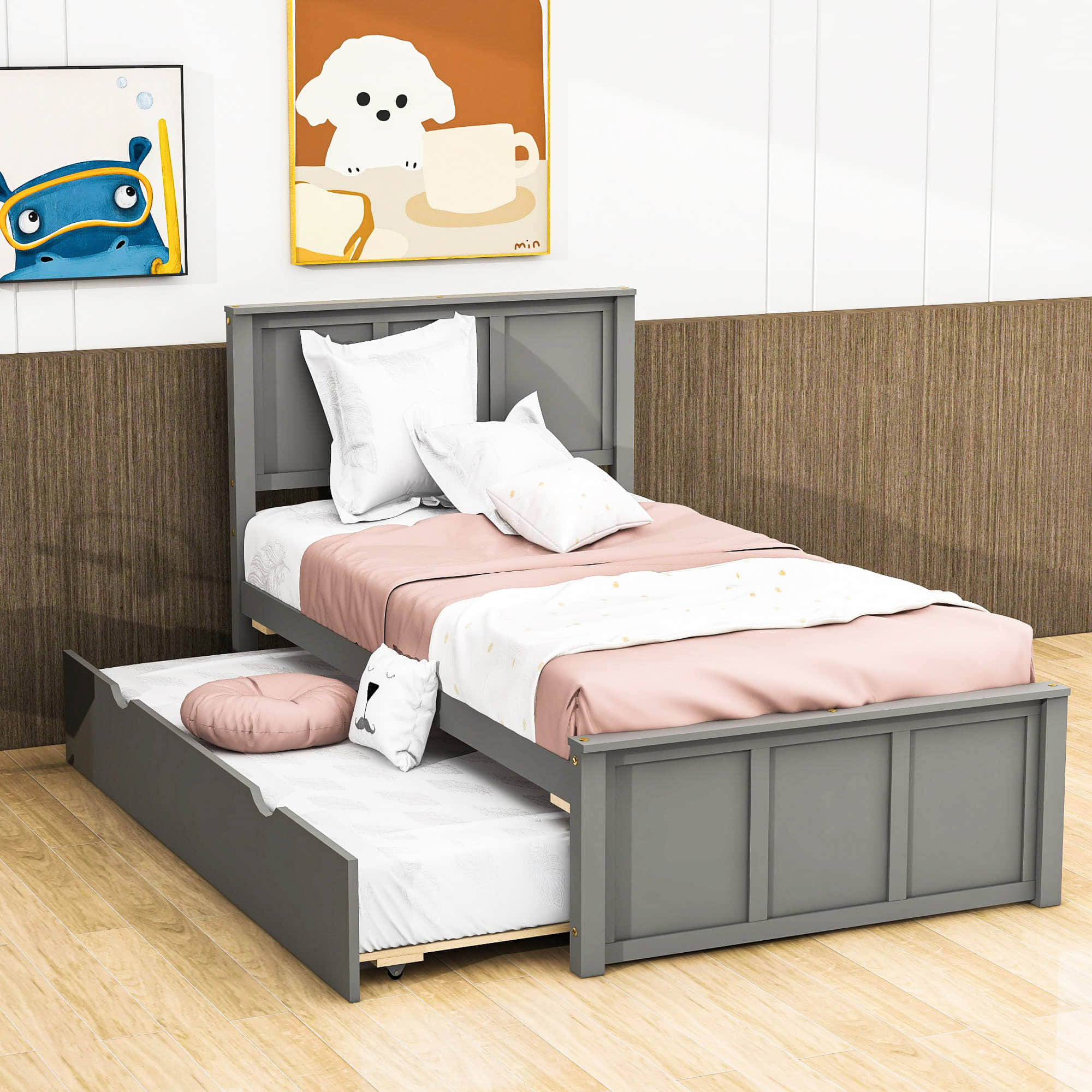 Classic Twin Platform Bed with Twin Trundle and Headboard - [Wood]